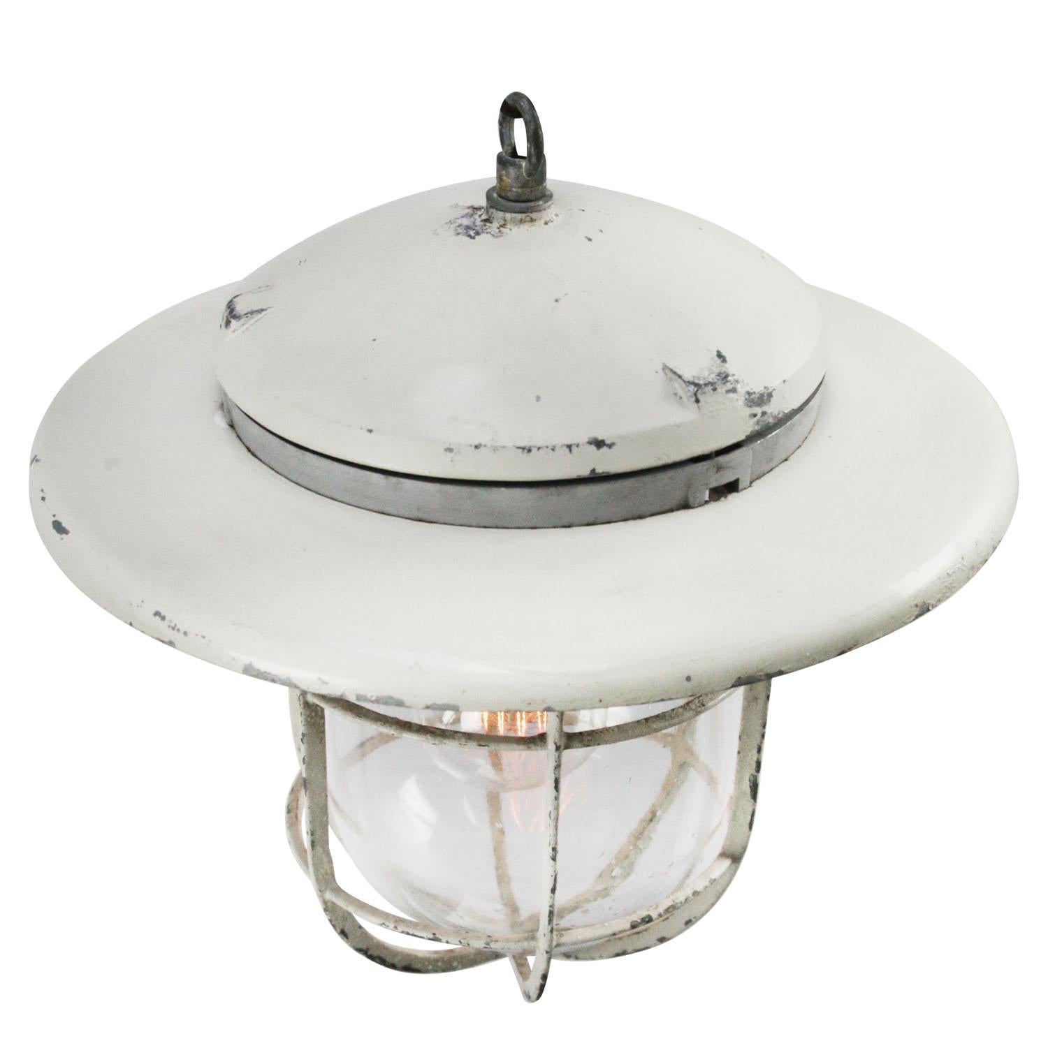 Industrial hanging lamp by Industria Rotterdam
Clear glass. white aluminium

Weight: 2.25 kg / 5 lb

Priced per individual item. All lamps have been made suitable by international standards for incandescent light bulbs, energy-efficient and LED