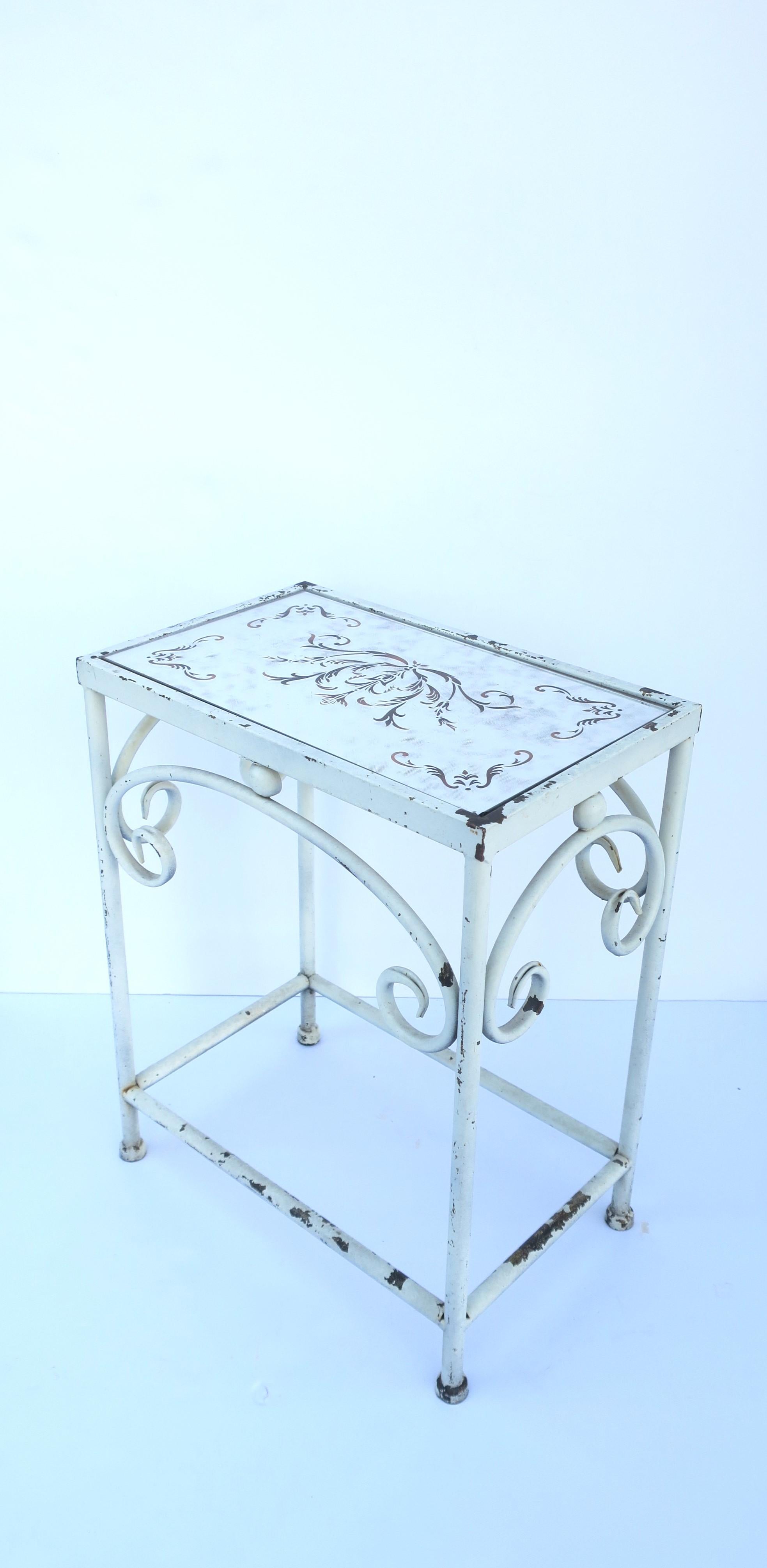 Painted White Metal Side Drinks Table with Mirrored Glass Top, Small For Sale