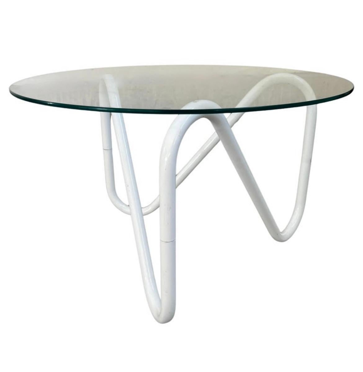 20th Century White Metal Tubular Squiggle Coffee Table Glass Top For Sale