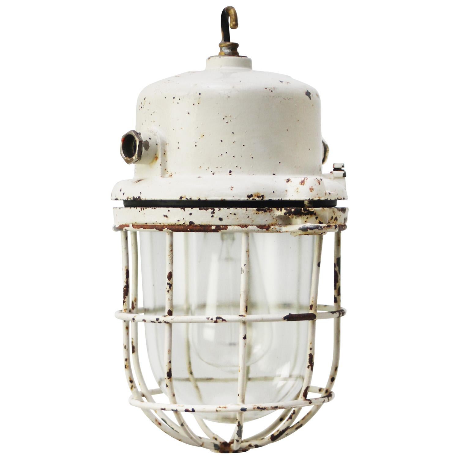 Calco Luci a sospensione industriali in metallo bianco e vintage con vetro trasparente in vendita