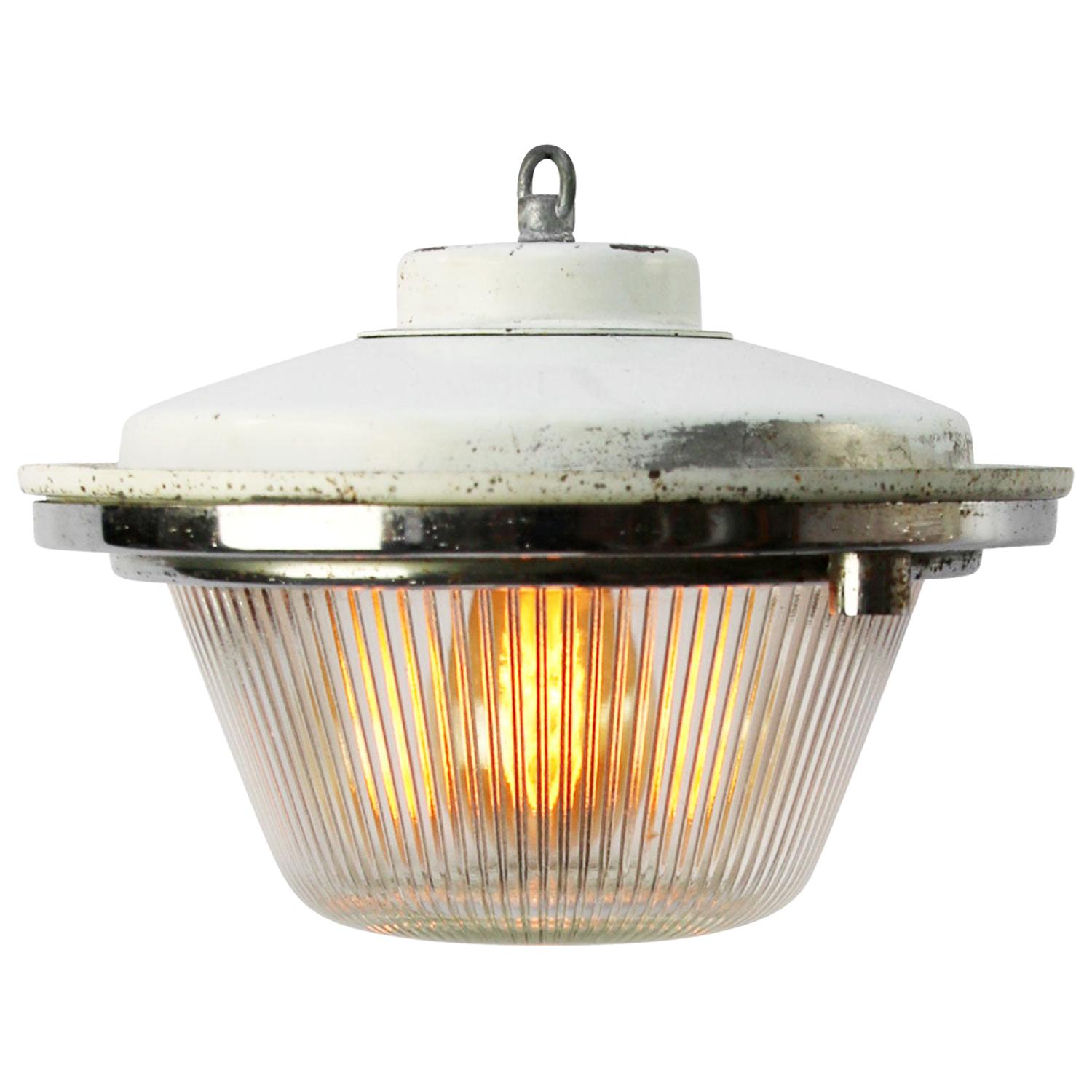 White Metal Vintage Industrial Train Holophane Glass Pendant Lights
