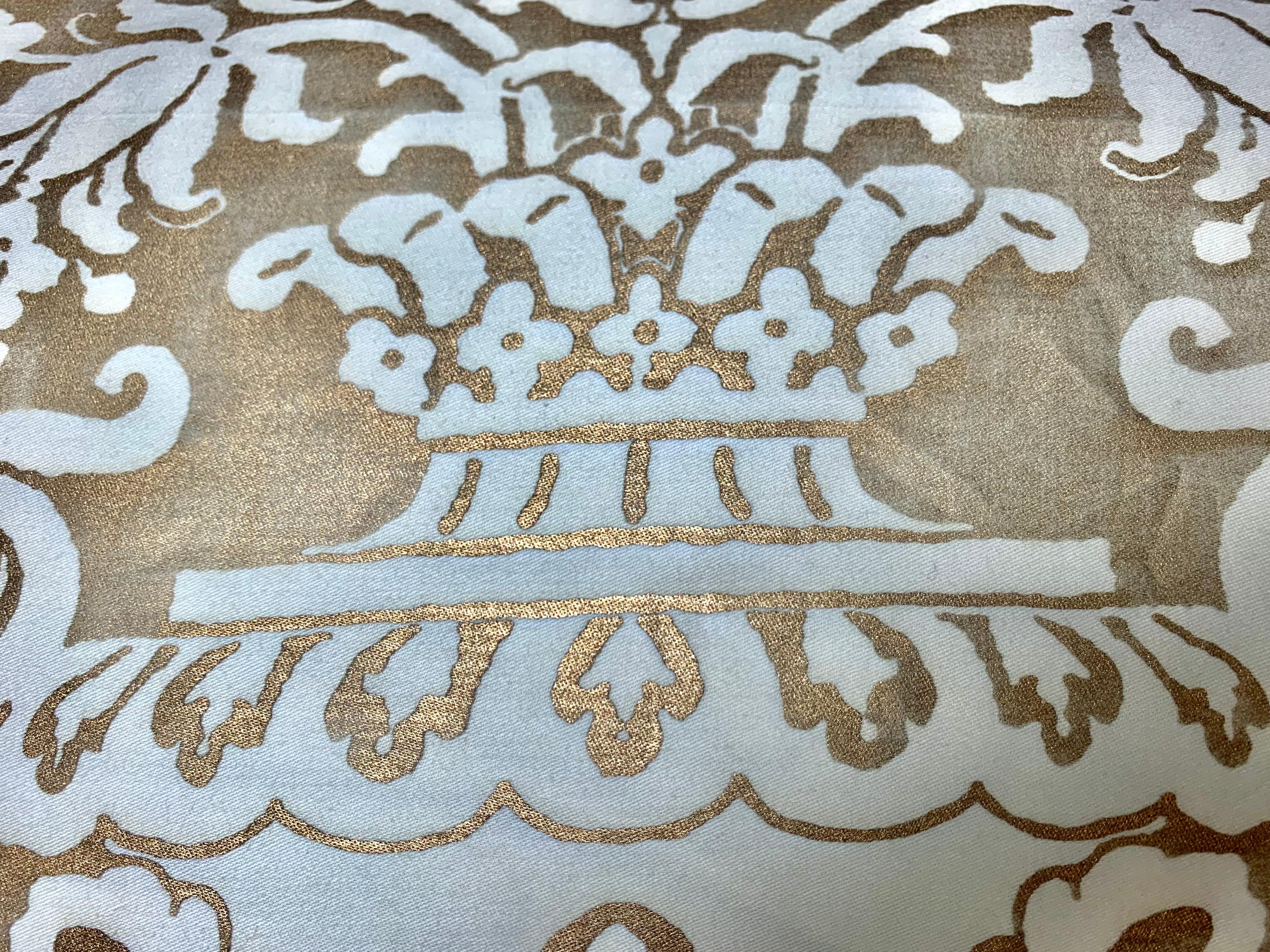 Italian White and Metallic Gold Carnevalet Patterned Fortuny Pillows, Pair