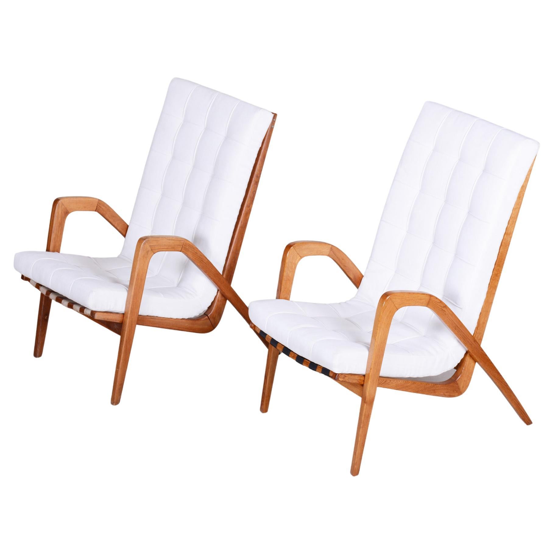 White Mid Century Armchairs Made in Czechia '50s, by Jan Vanek, Fully Restored For Sale