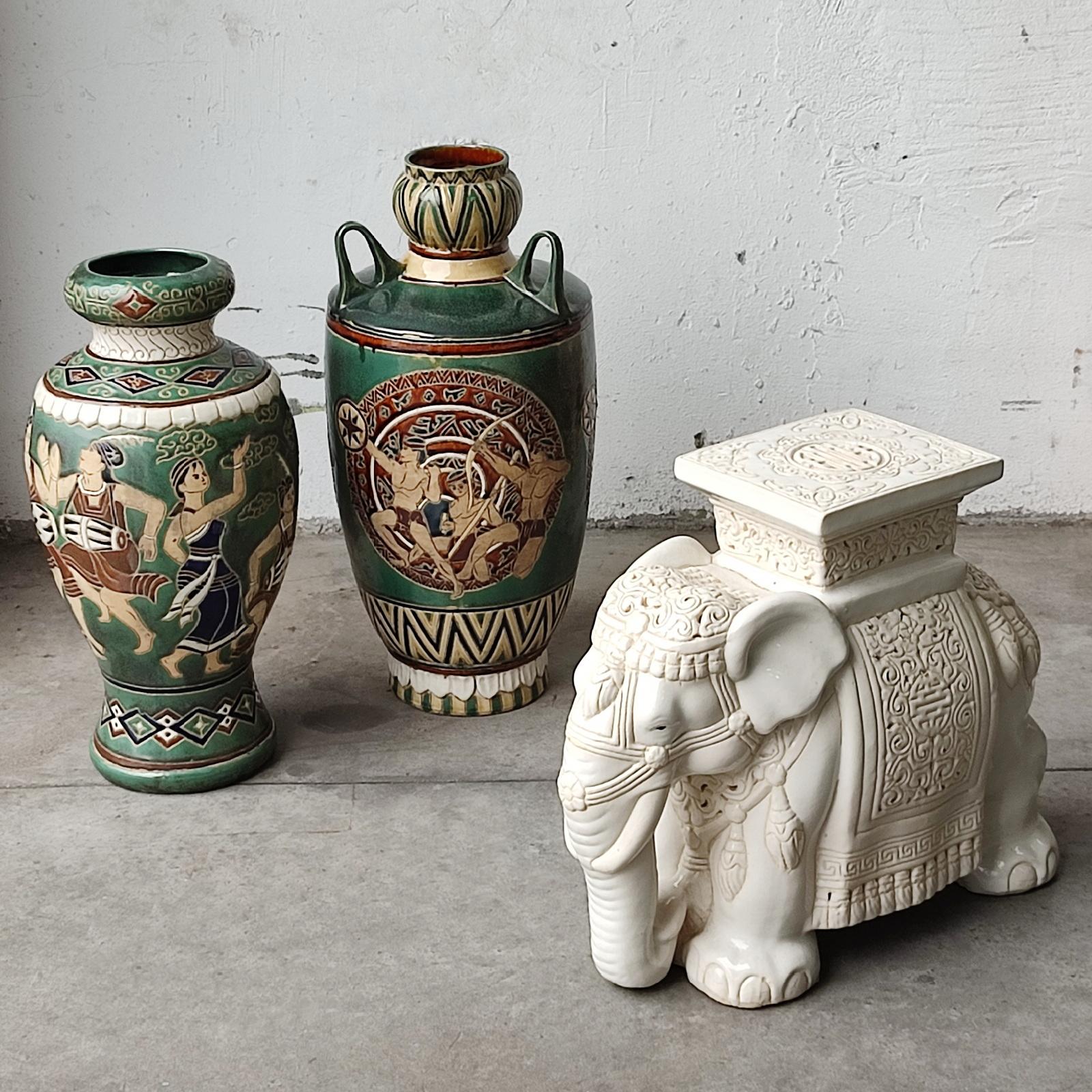 Mid-20th century glazed ceramic elephant garden stool, flower pot seat or side table. Handmade of ceramic. Nice addition to your home, patio or garden.
This Asian elephant was manufactured, circa 1960s-1970s and features a Classic design with rare