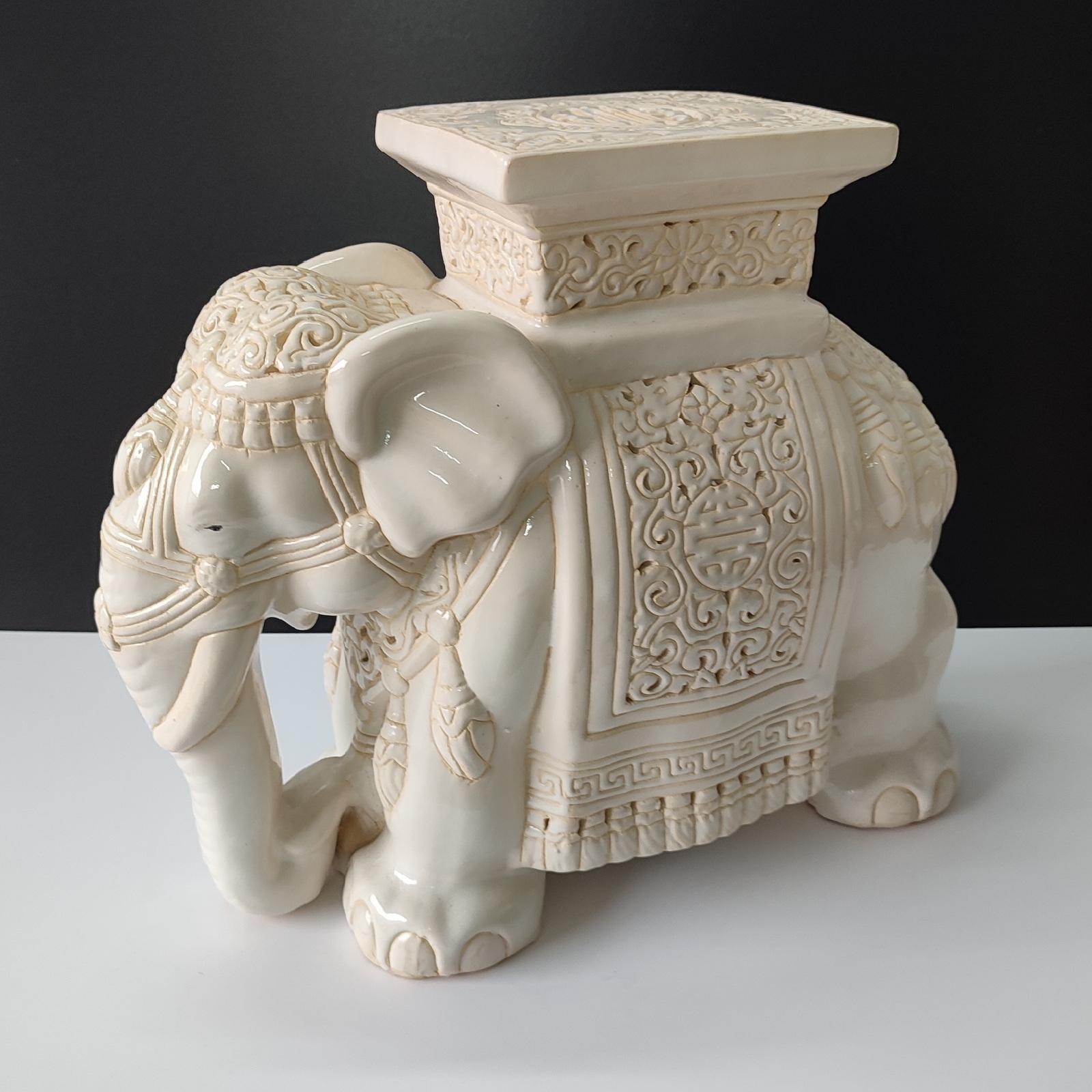 Hollywood Regency White Mid-century Ceramic Elephant Side Table, or Planter