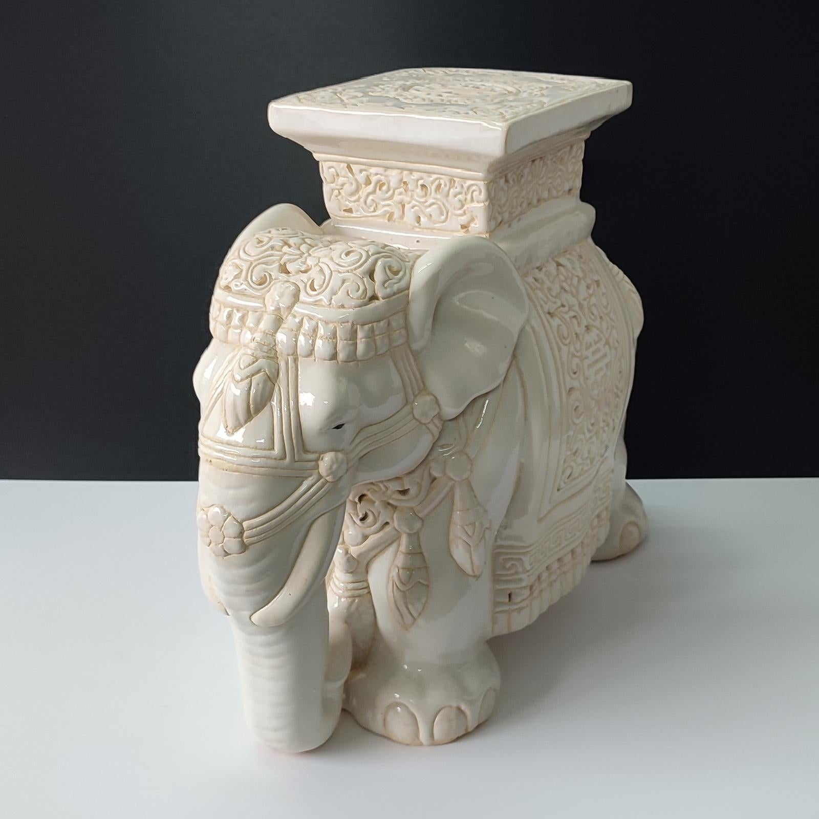 Glazed White Mid-century Ceramic Elephant Side Table, or Planter