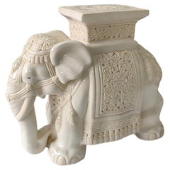 Vintage White Mid-century Ceramic Elephant Side Table, or Planter