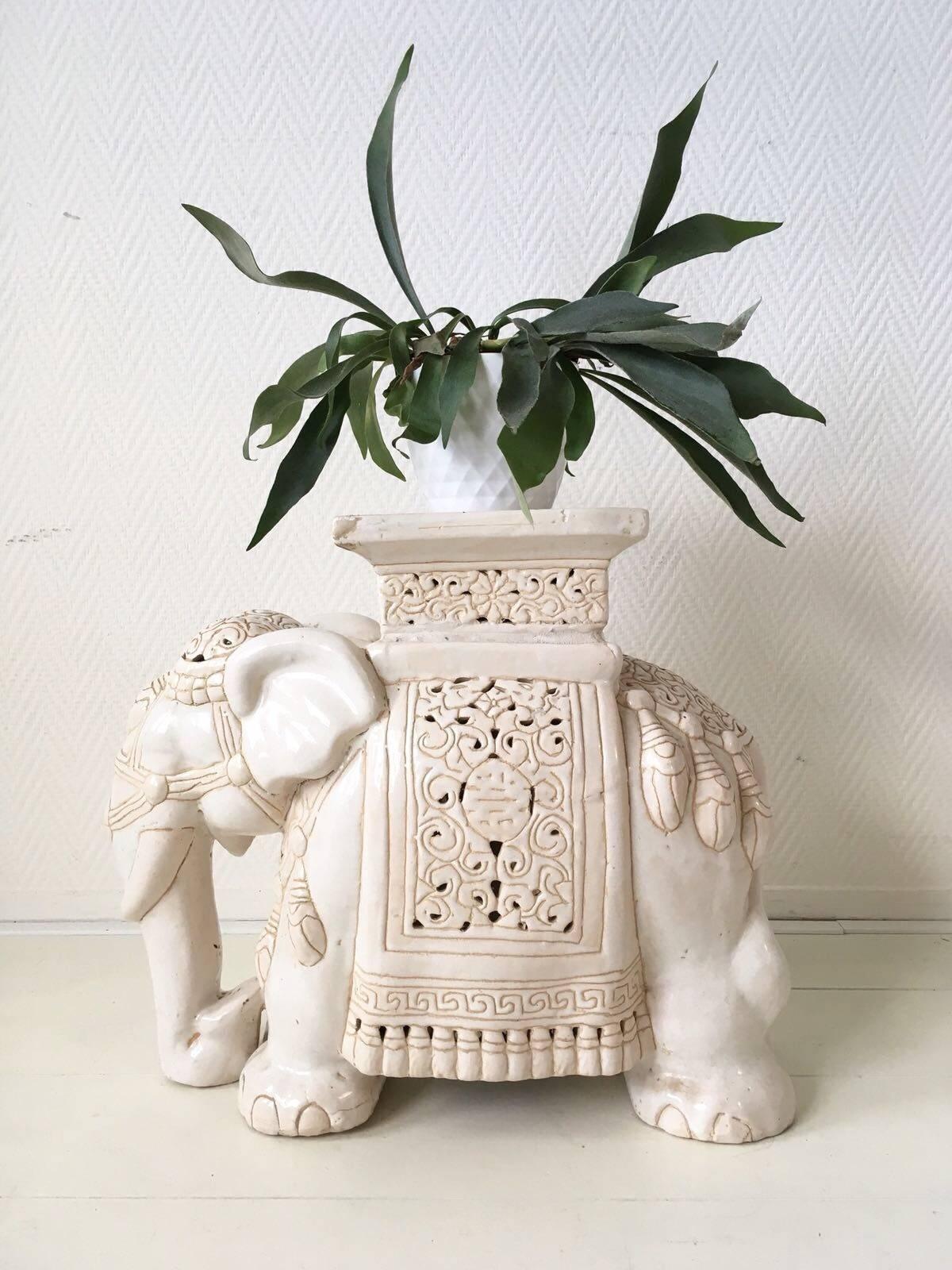 Hollywood Regency White Midcentury Ceramic Elephant  Side Table, or Planter