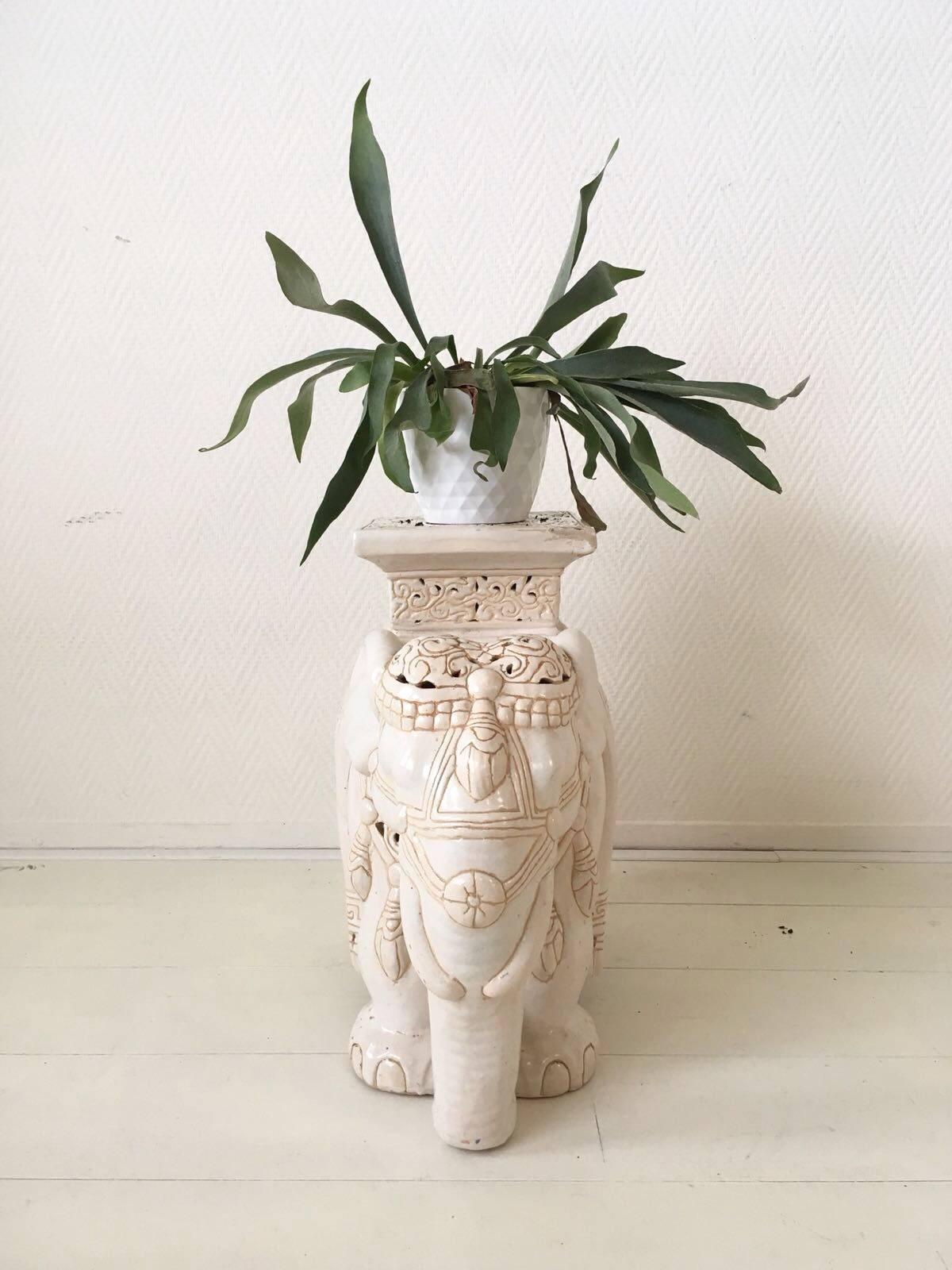 Asian White Midcentury Ceramic Elephant  Side Table, or Planter
