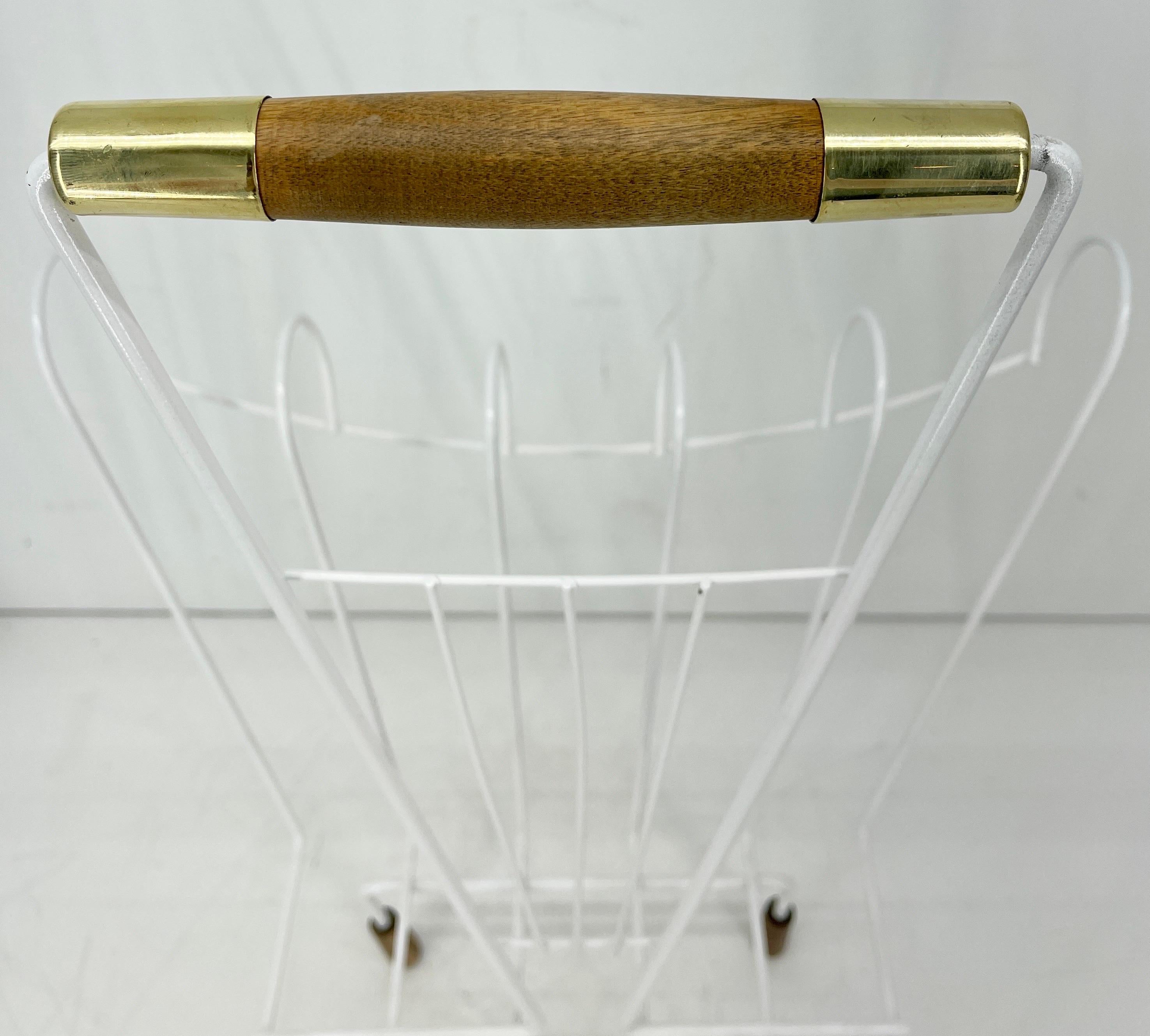 White Mid-Century Modern Wire Magazine Reck Brass Wood Handle For Sale 1