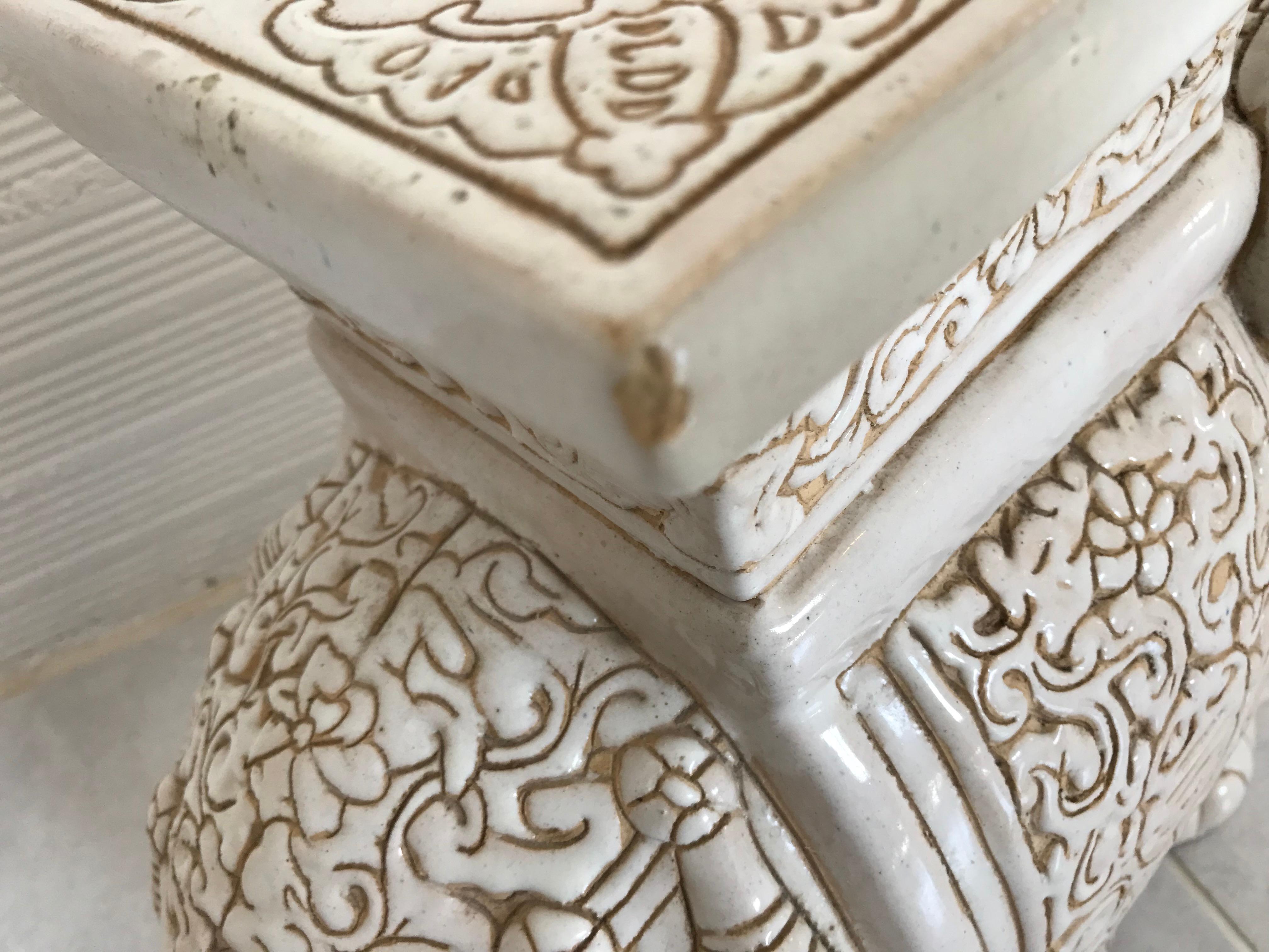 Glazed White Midcentury Ceramic Elephant Side Table, or Planter