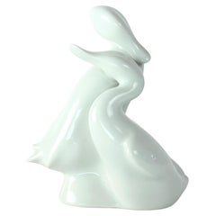 White Midcentury Porcelain Statue Of Love Ducks, Royal Dux Czechoslovakia