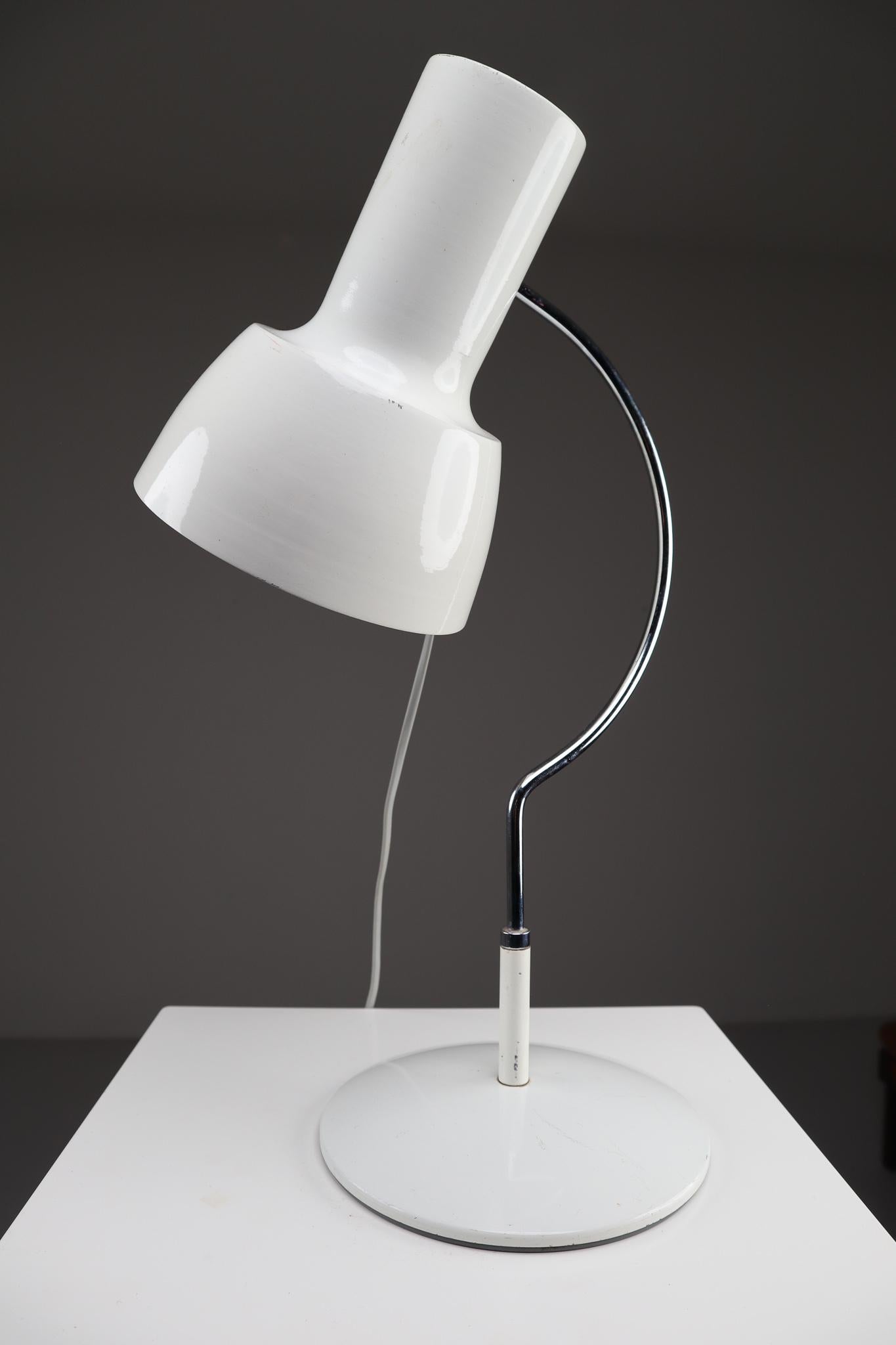 White midcentury table lamp was designed by Josef Hurka for Napako mid-1960s. This piece has been attributed based on archival documentation, such as vintage catalogs, designer records, or other literature sources. The lights are compatible with the