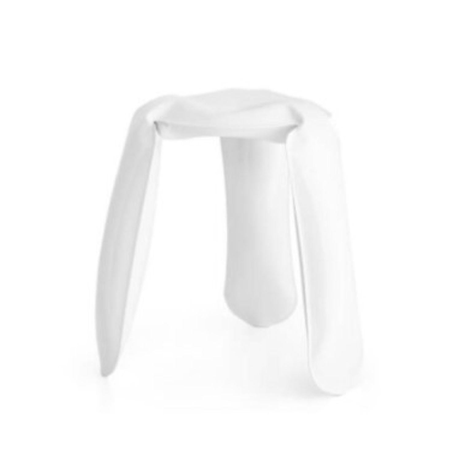 White mini plopp stool by Zieta
Dimensions: D 25 x H 38 cm 
Material: Carbon steel. 
Finish: Powder-coated. 
Available in colors: strawberry red, water blue, yellow glossy, flamed gold, and deep space blue. Available in stainless steel, aluminum,