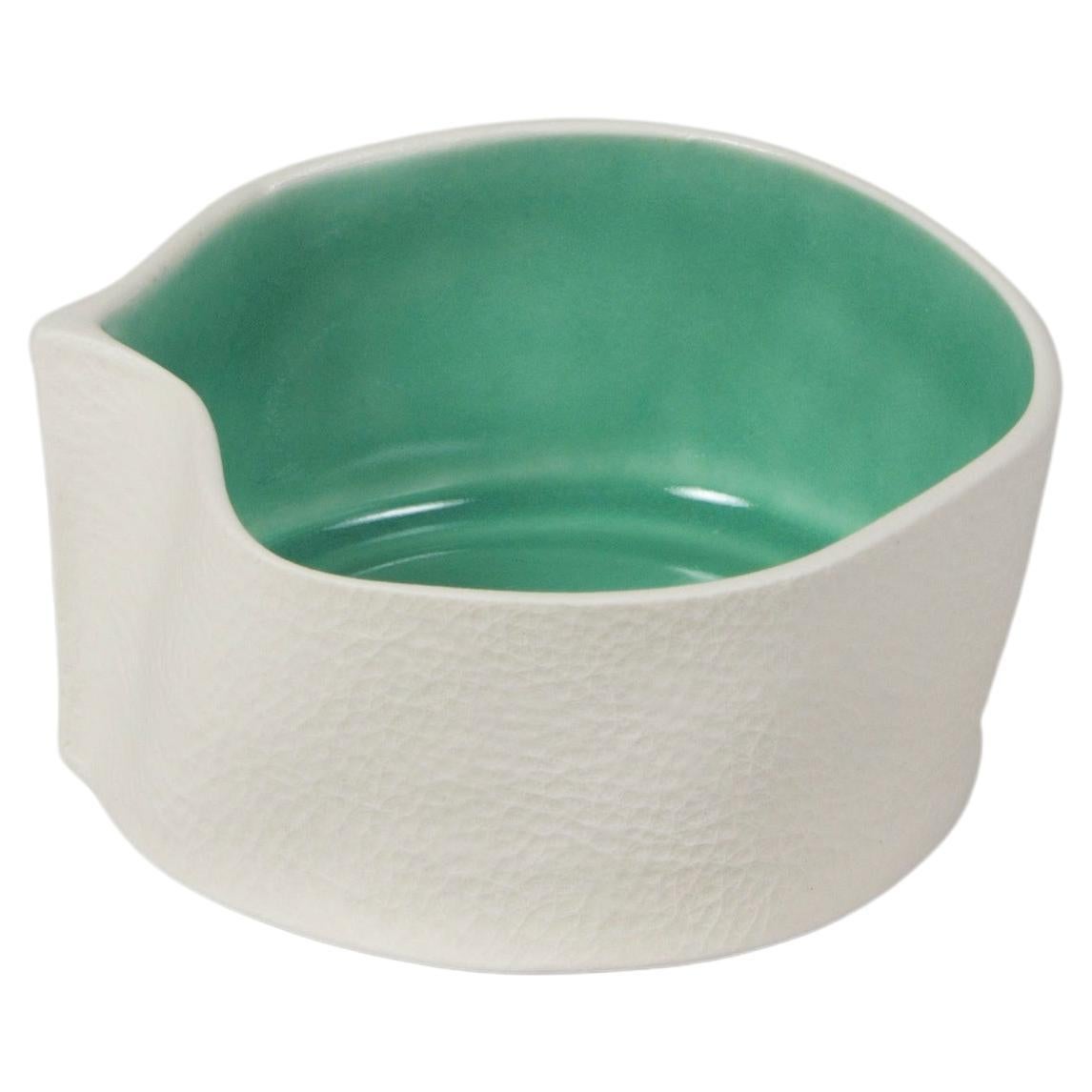 White & Mint Green Small Ceramic Kawa Dish, Textured Porcelain Catchall Bowl For Sale