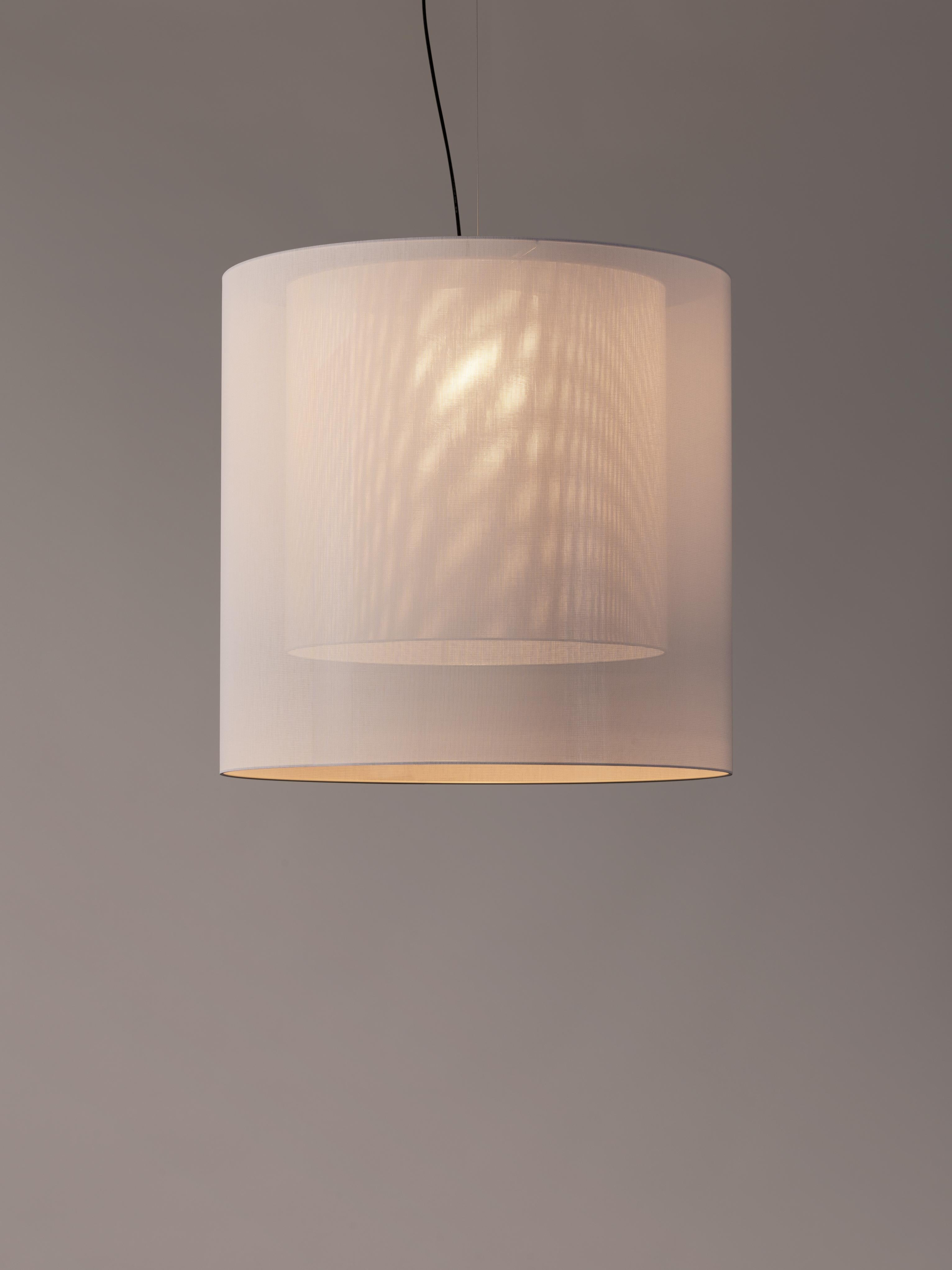 White Moaré XL Pendant Lamp by Antoni Arola
Dimensions: D 83 x H 81 cm
Materials: Metal, polyester.
Available in other colors and sizes.

Moaré’s multiple combinations of formats and colours make it highly versatile. The series takes its name