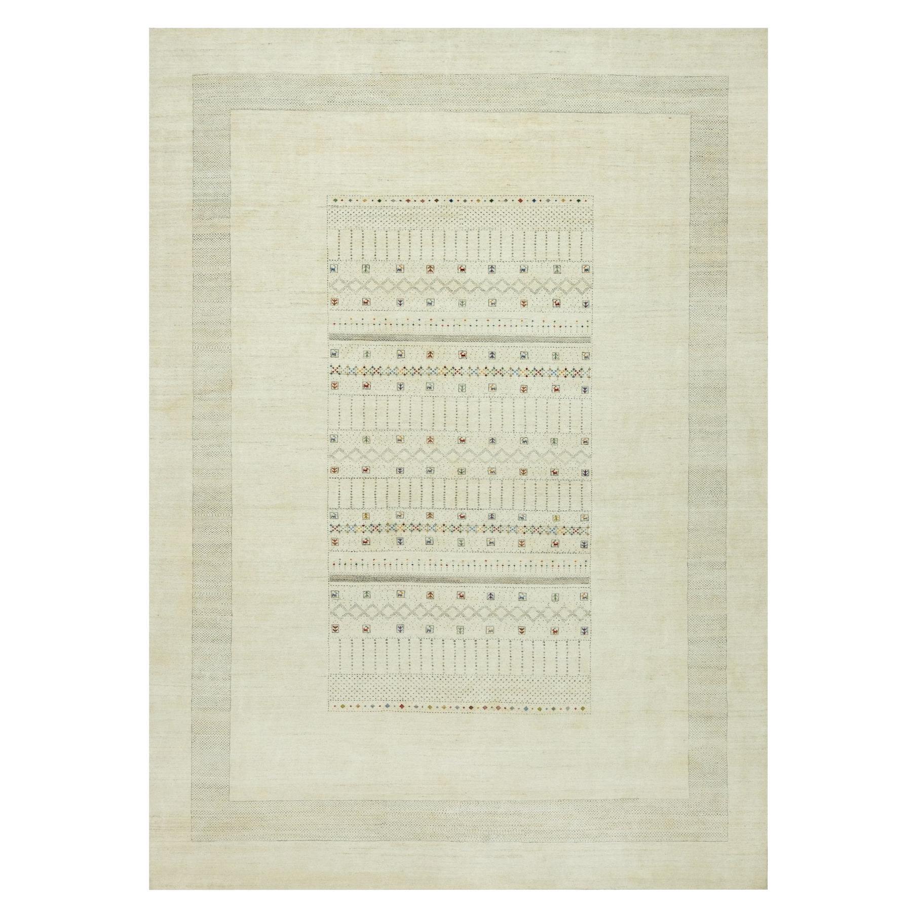 Alfombra de lana anudada a mano de diseño moderno de estrías blancas 10'1" x 14'2