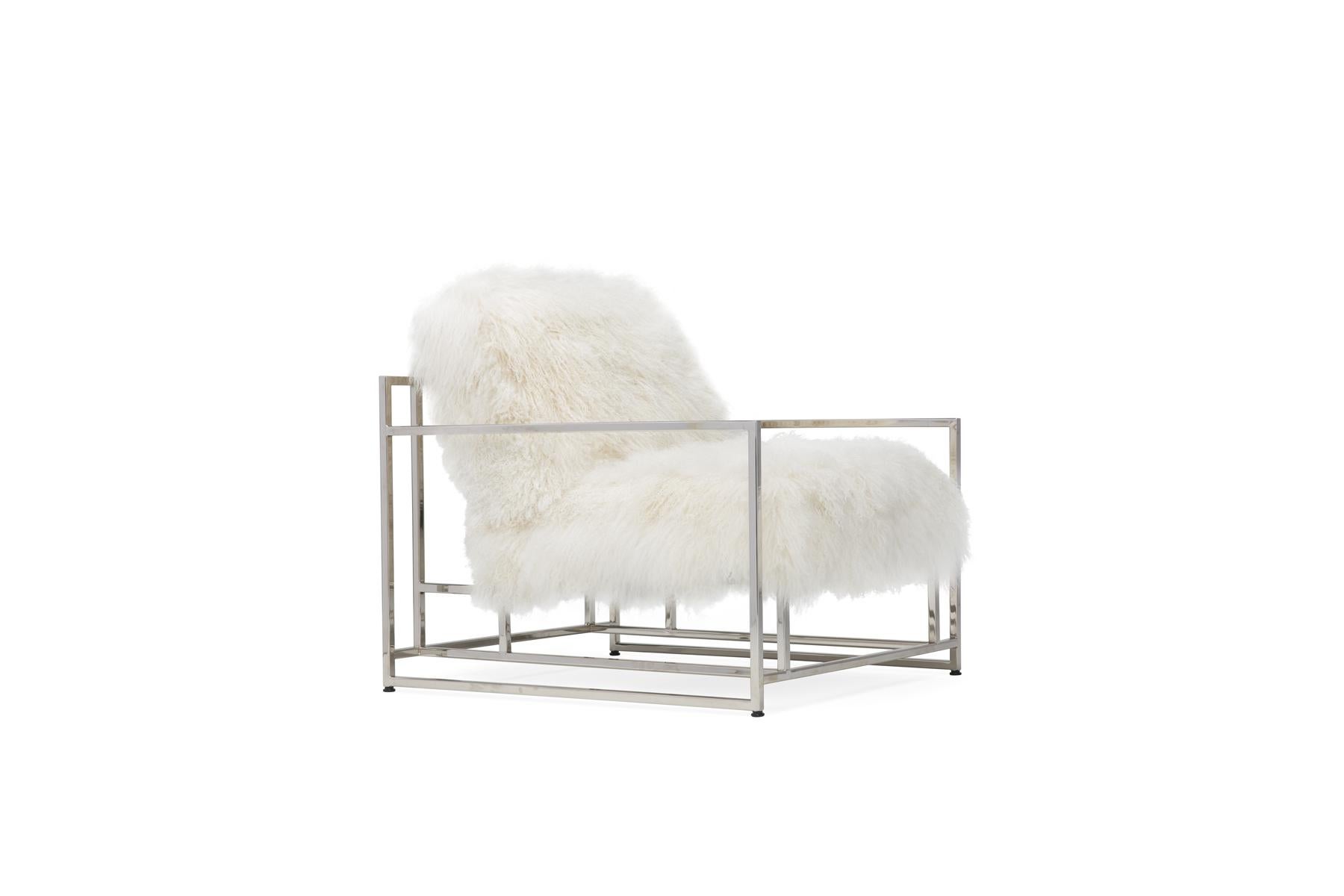 American White Mongolian Sheepskin and Polished Nickel Armchair and Ottoman For Sale