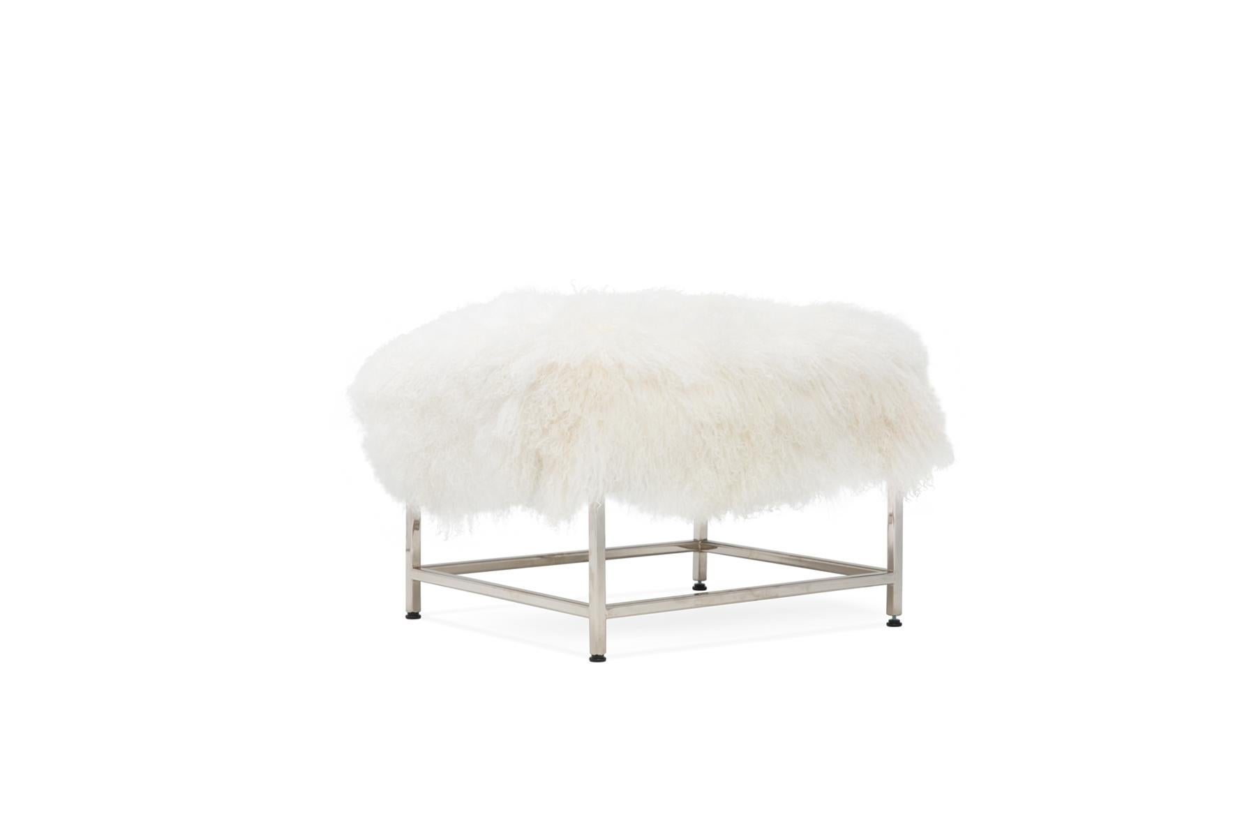 White Mongolian Sheepskin and Polished Nickel Armchair and Ottoman In New Condition For Sale In Los Angeles, CA