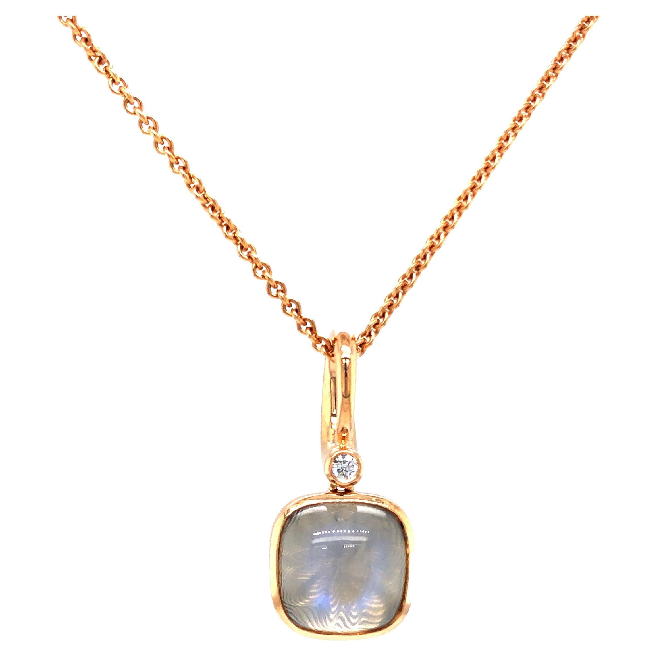 White Moon Stone & Guilloche Pendant Necklace 18k Rose Gold 1 Dia. 0.04ct G VS For Sale