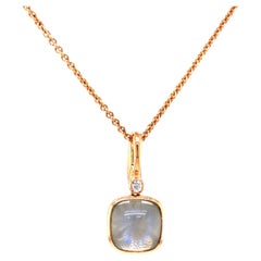 White Moon Stone & Guilloche Pendant Necklace 18k Rose Gold 1 Dia. 0.04ct G VS