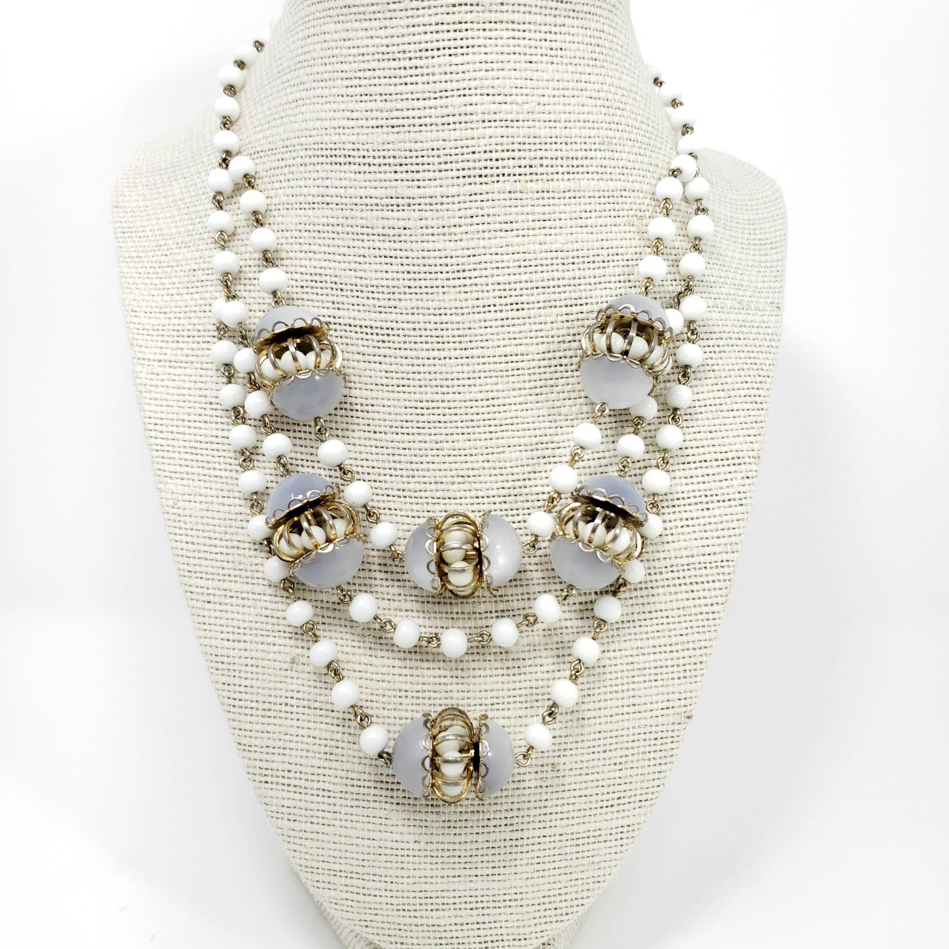 Retro White Moonglow Lucite and Milk Glass Bead Necklace and Dangling Earrings Set For Sale
