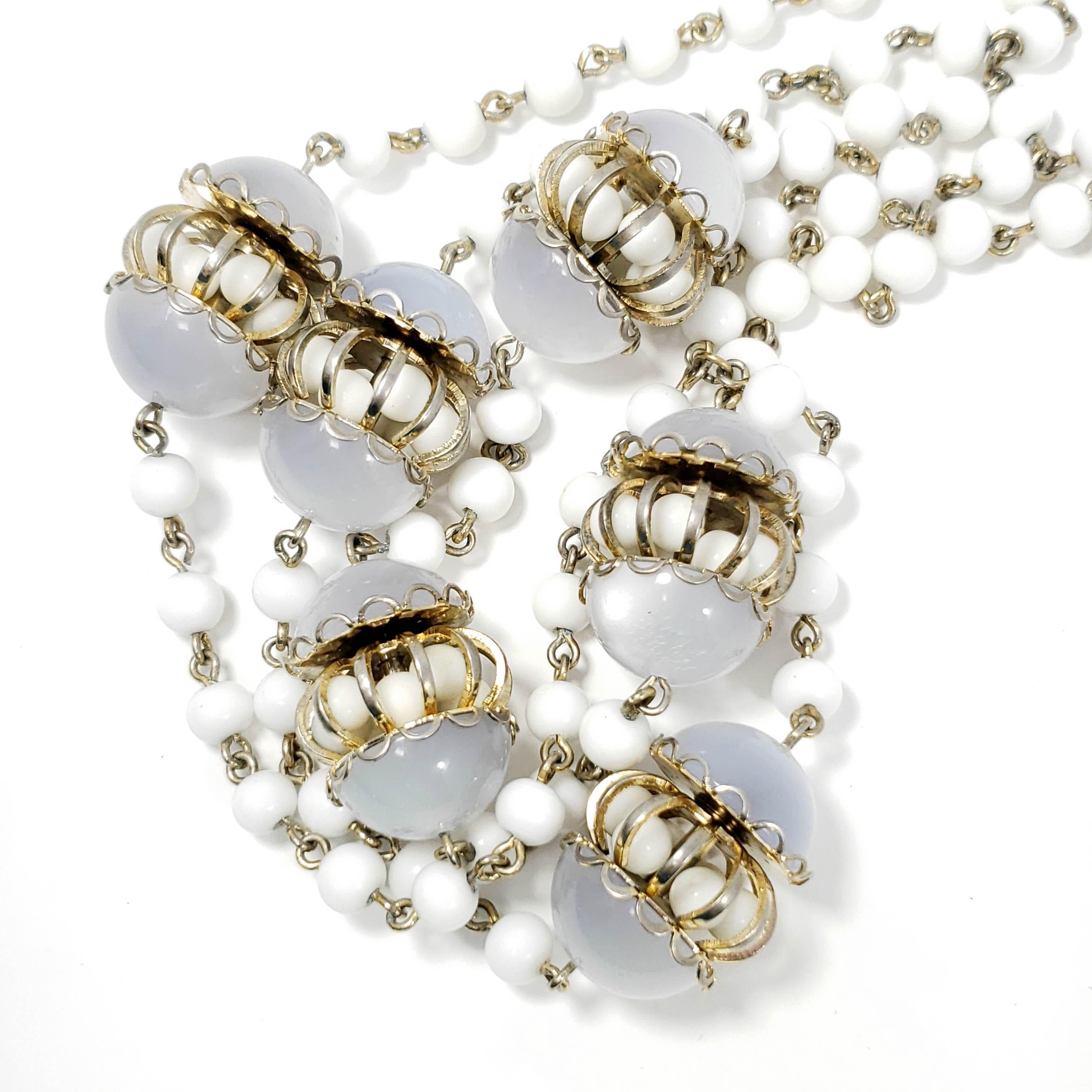 White Moonglow Lucite and Milk Glass Bead Necklace and Dangling Earrings Set In Fair Condition For Sale In Milford, DE