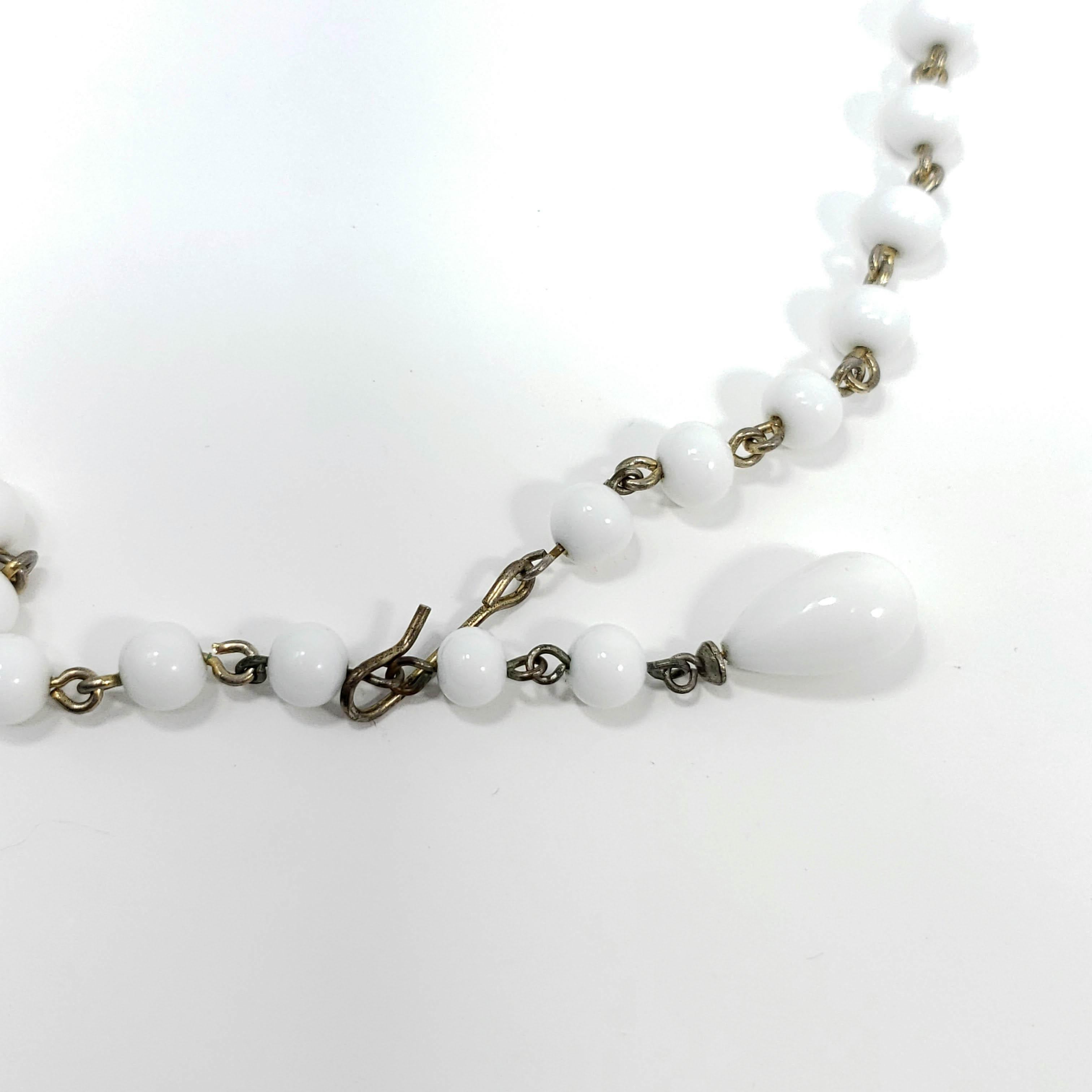 Women's White Moonglow Lucite and Milk Glass Bead Necklace and Dangling Earrings Set For Sale