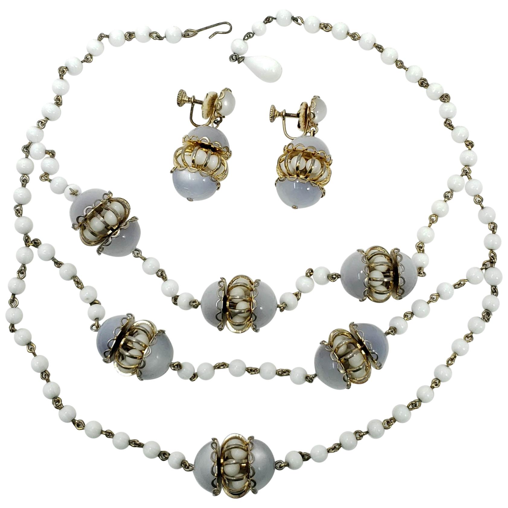 White Moonglow Lucite and Milk Glass Bead Necklace and Dangling Earrings Set For Sale