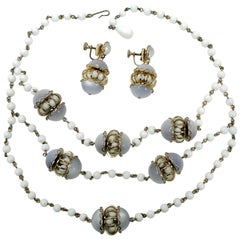 White Moonglow Lucite and Milk Glass Bead Necklace and Dangling Earrings Set