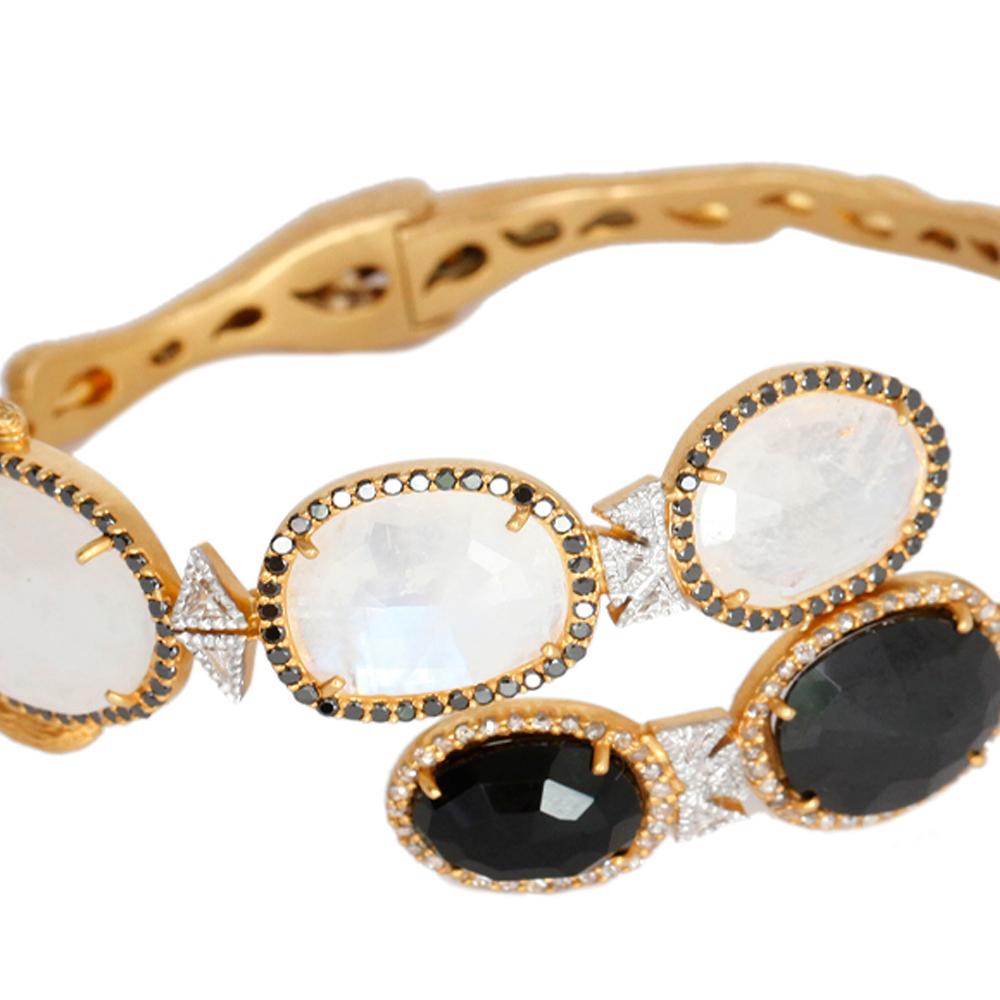 Modern White Moonstone and Black Spinel Statement Bracelet with 2.71 Carat Diamonds For Sale