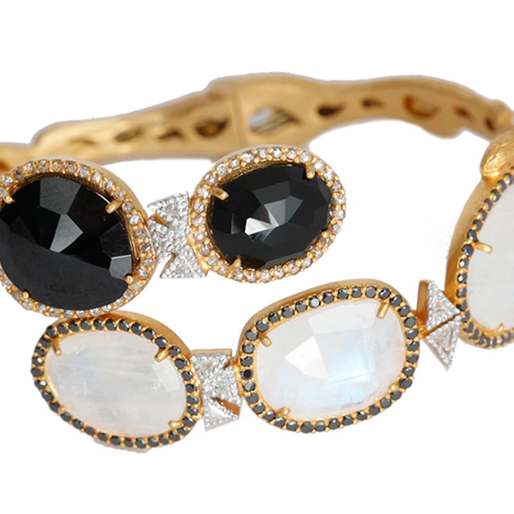 Rose Cut White Moonstone and Black Spinel Statement Bracelet with 2.71 Carat Diamonds For Sale