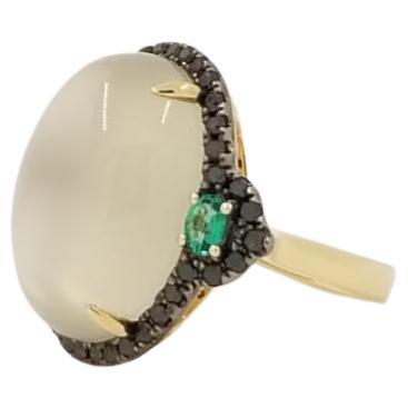 Contemporary White Moonstone Black Diamonds and Emerald in 14kt Yellow Gold Cocktail Ring