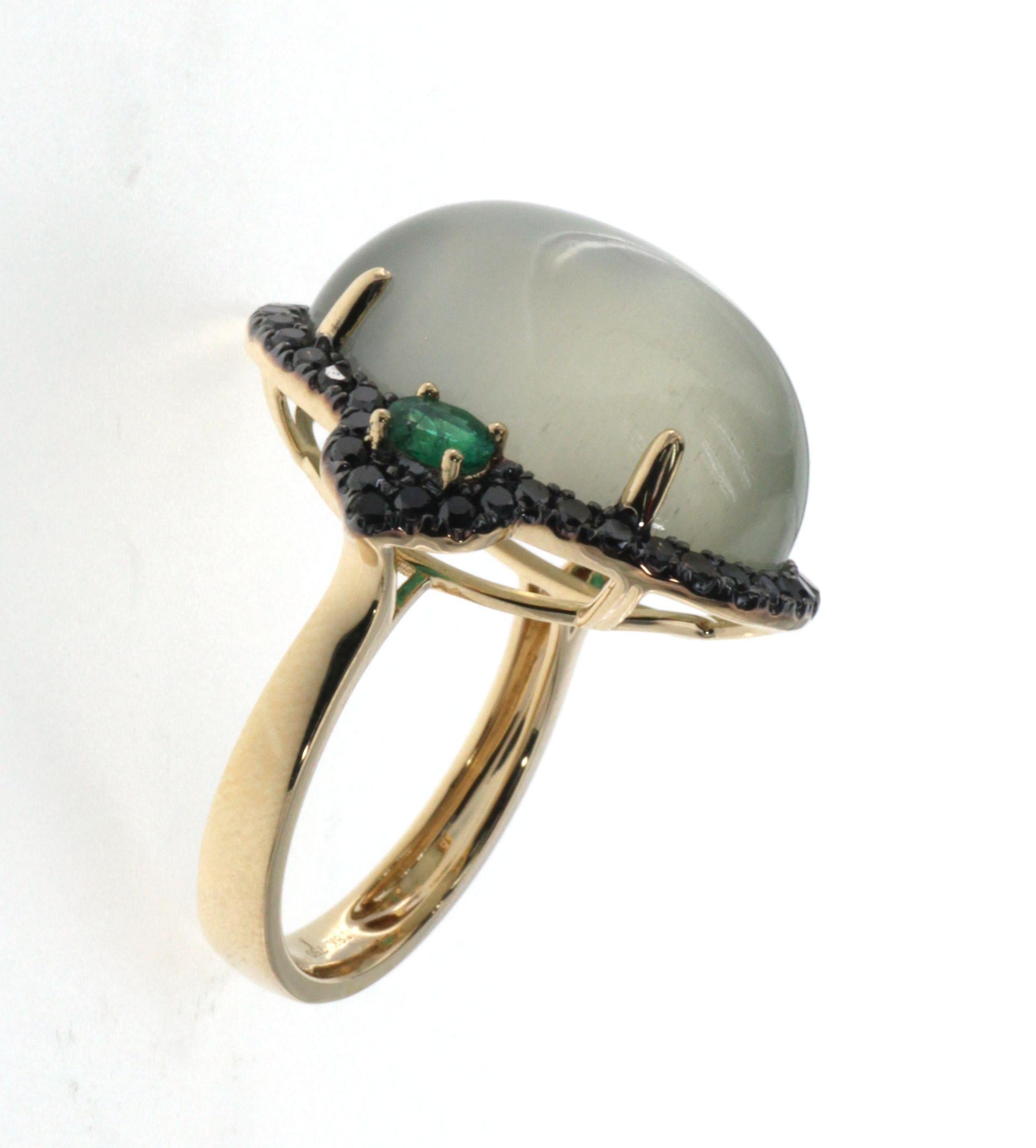 Contemporary White Moonstone Black Diamonds and Emerald in 14kt Yellow Gold Cocktail Ring