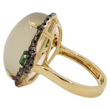 Cabochon White Moonstone Black Diamonds and Emerald in 14kt Yellow Gold Cocktail Ring