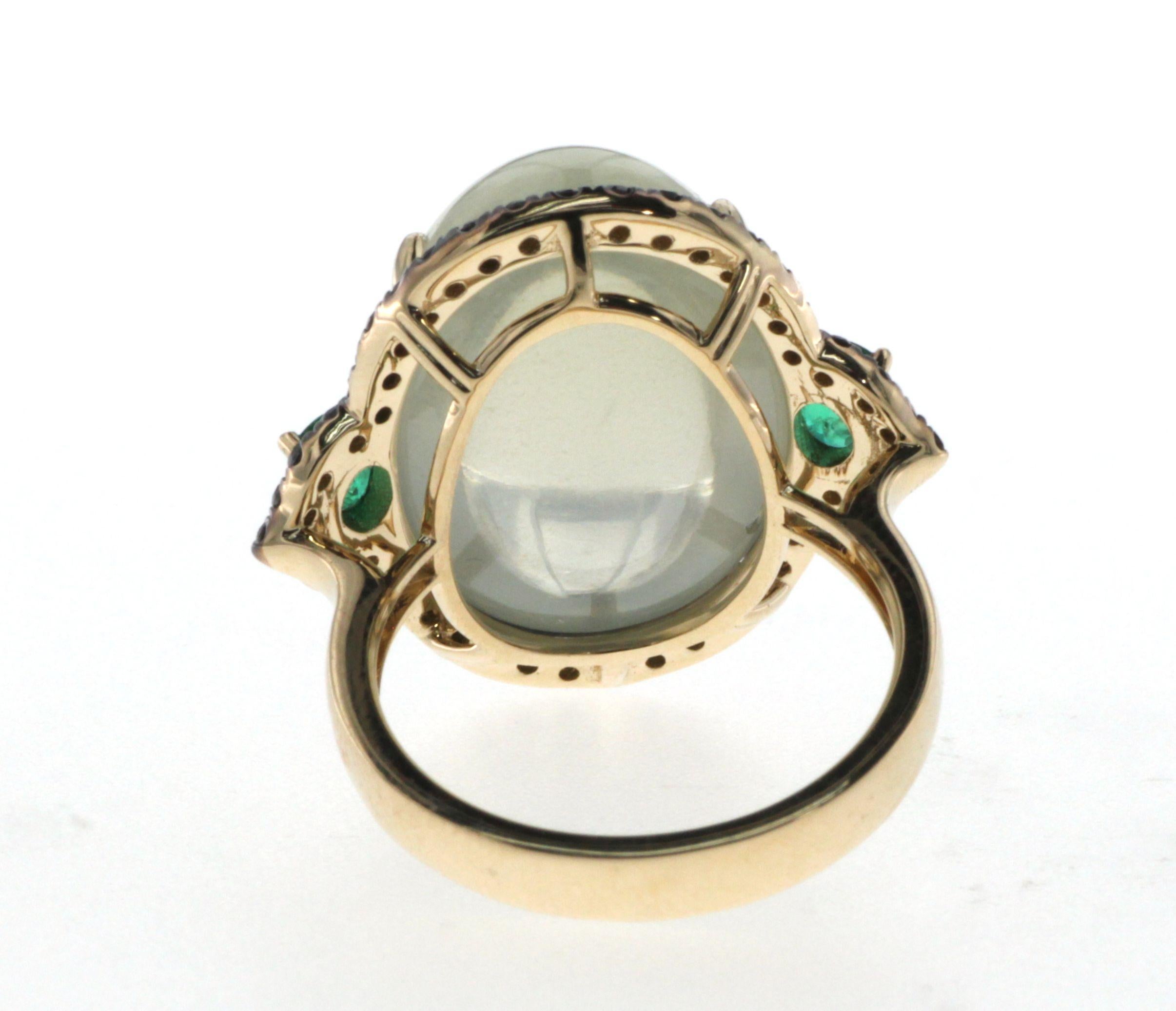 Cabochon White Moonstone Black Diamonds and Emerald in 14kt Yellow Gold Cocktail Ring