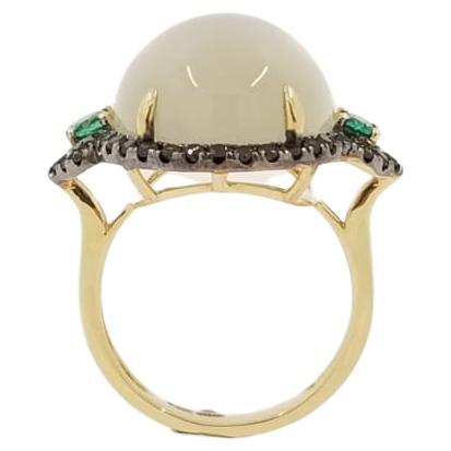 Women's White Moonstone Black Diamonds and Emerald in 14kt Yellow Gold Cocktail Ring