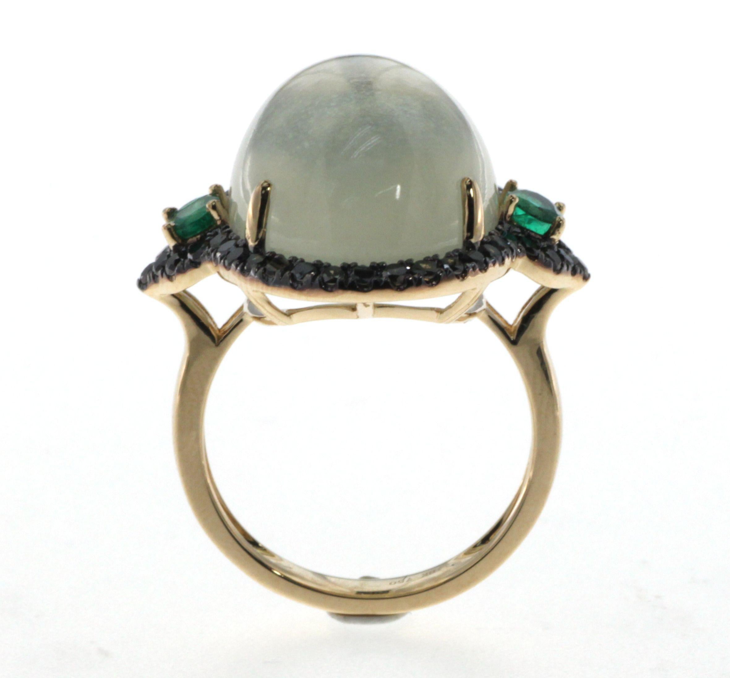 Women's White Moonstone Black Diamonds and Emerald in 14kt Yellow Gold Cocktail Ring