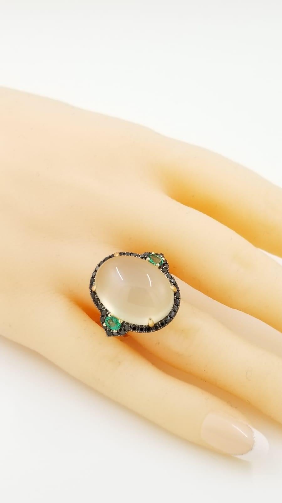White Moonstone Black Diamonds and Emerald in 14kt Yellow Gold Cocktail Ring 1
