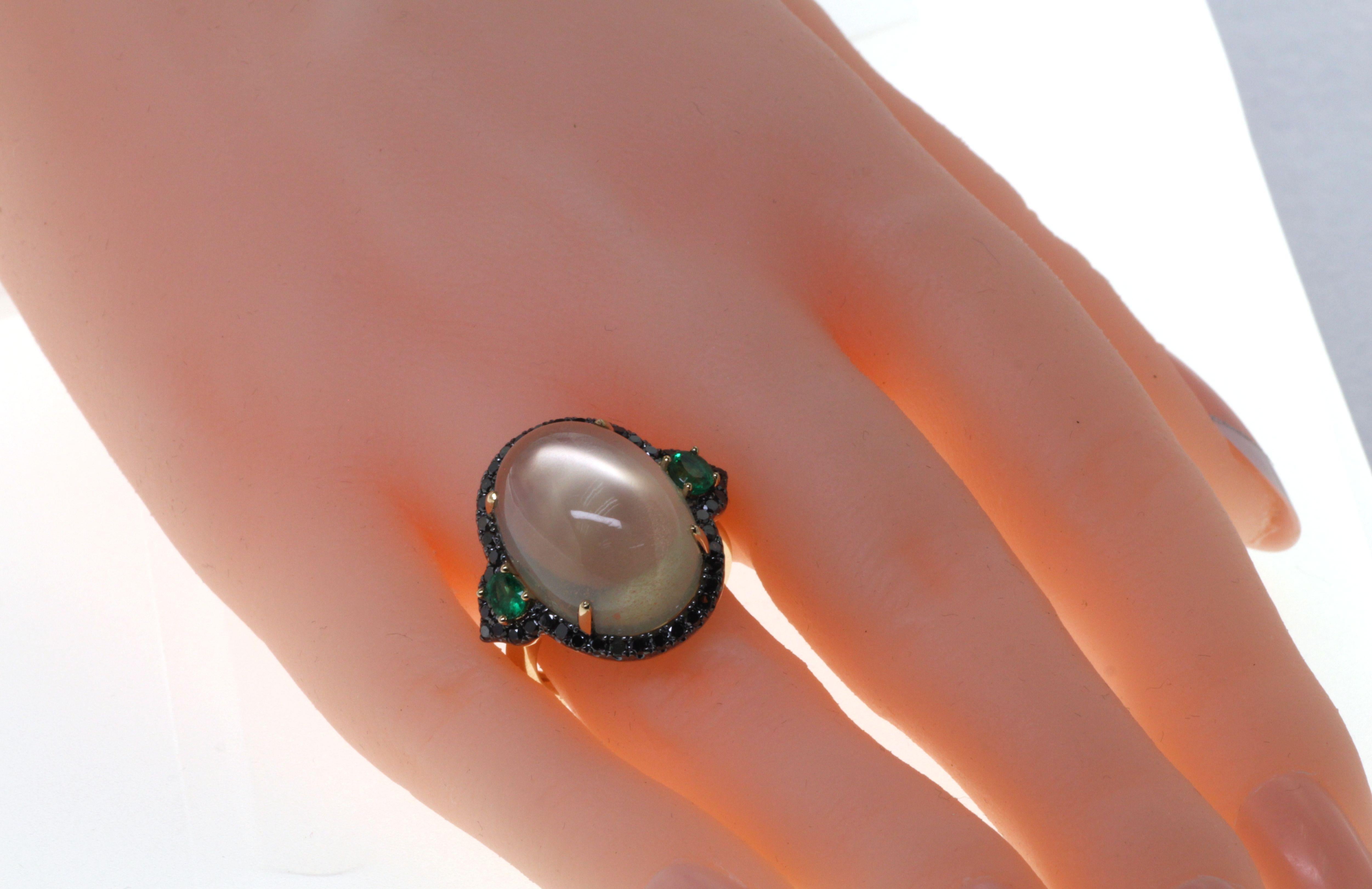White Moonstone Black Diamonds and Emerald in 14kt Yellow Gold Cocktail Ring 1