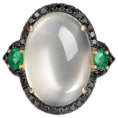 White Moonstone Black Diamonds and Emerald in 14kt Yellow Gold Cocktail Ring