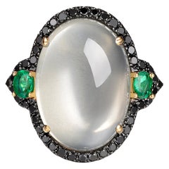 White Moonstone Black Diamonds and Emerald in 14kt Yellow Gold Cocktail Ring