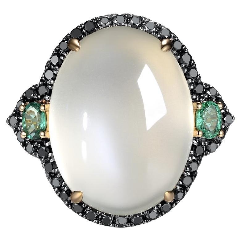 White Moonstone Black Diamonds and Emerald in 14kt Yellow Gold Cocktail Ring
