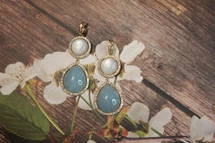 White Moonstone Blue Agate Diamond Halo Pave 14 Karat Yellow Gold Earrings