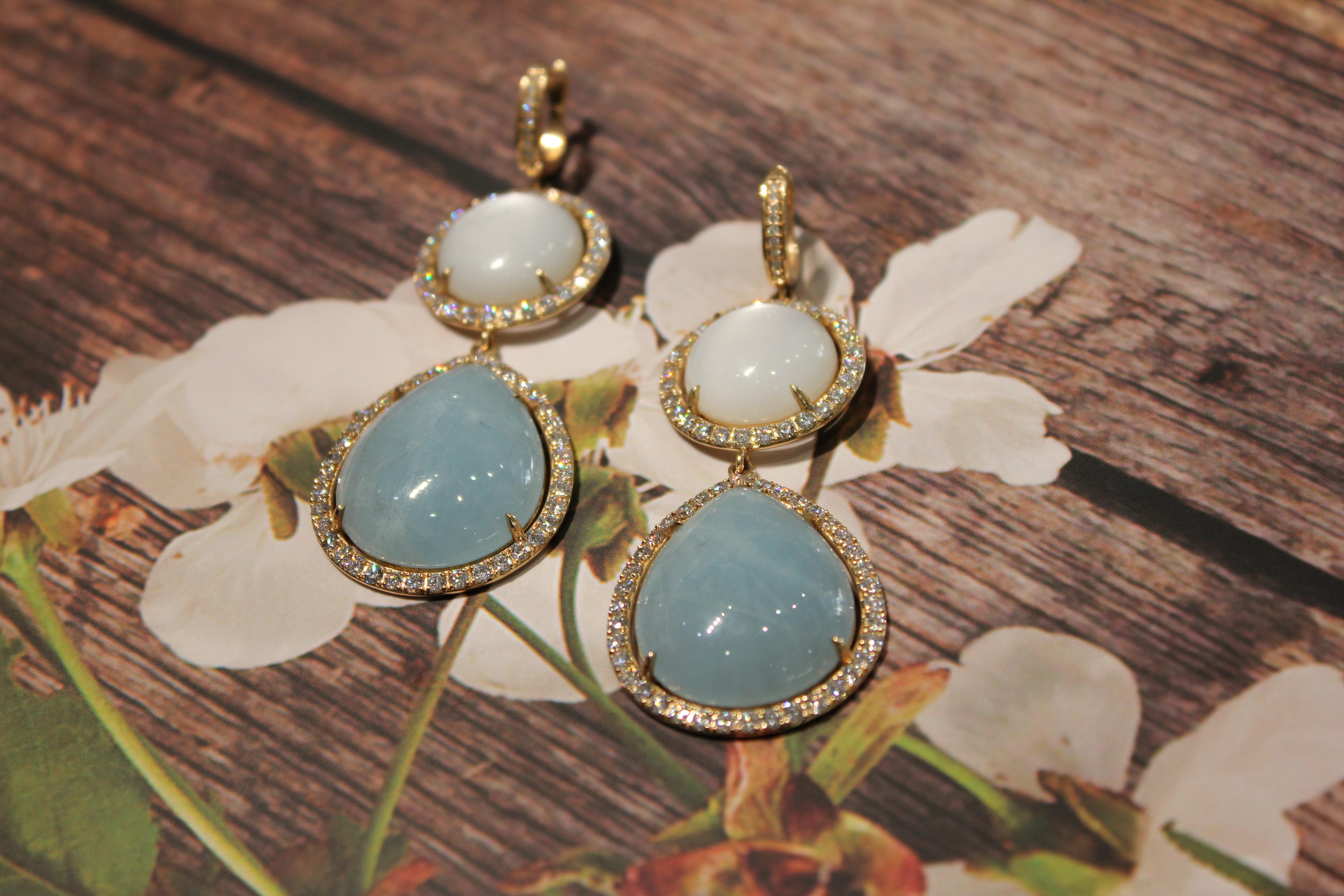 Mixed Cut White Moonstone Blue Agate Diamond Halo Pave 14 Karat Yellow Gold Earrings For Sale