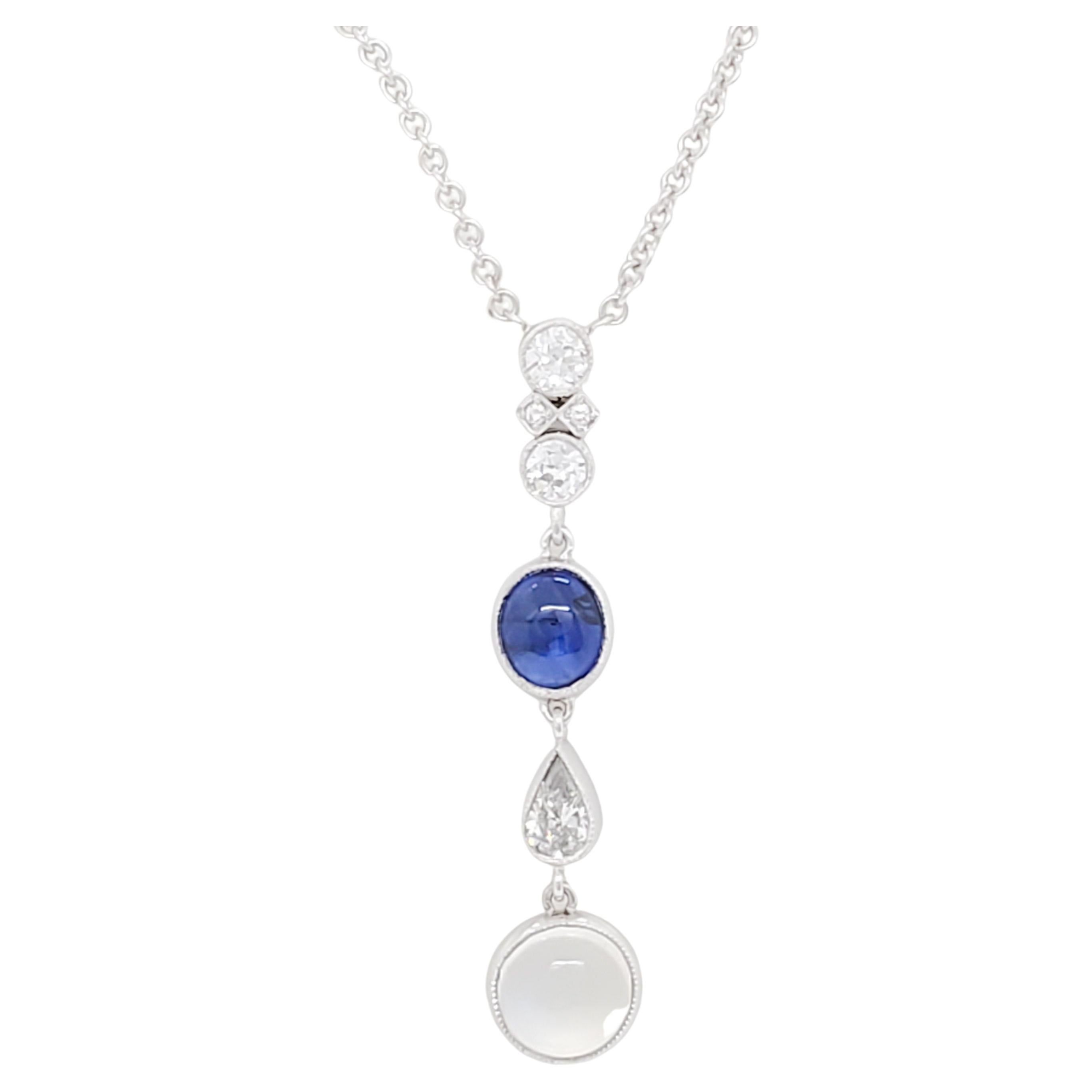 White Moonstone, Blue Sapphire and Diamond Pendant Necklace in 18k White Gold