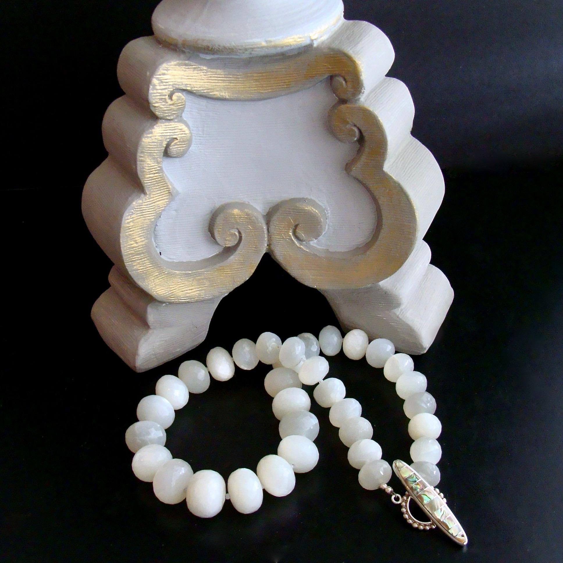 White Moonstone Choker Necklace with Abalone Inlay Toggle, Selene Necklace In Good Condition In Colleyville, TX