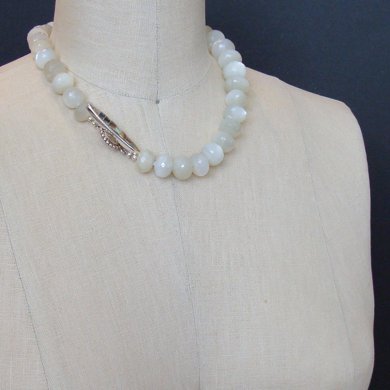 White Moonstone Choker Necklace with Abalone Inlay Toggle, Selene Necklace 2