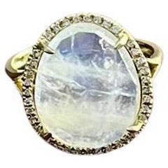 Piedra lunar blanca Diamantes Halo Set 14 Amarillo Oro Declaración Único Cóctel Anillo
