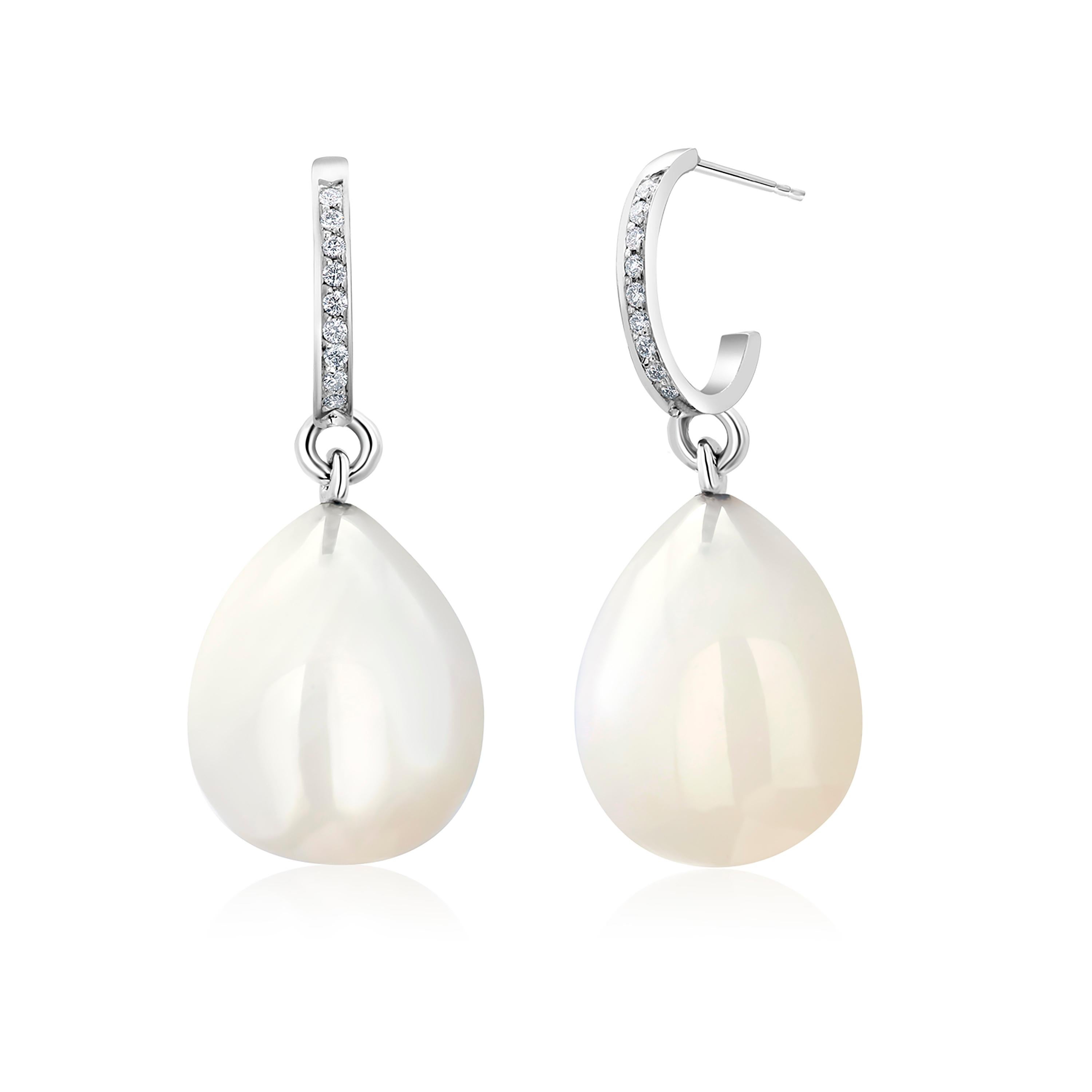 Women's or Men's White Moonstone Drops and Diamond Gold Hoop Earrings Weighing 21.86 Carats